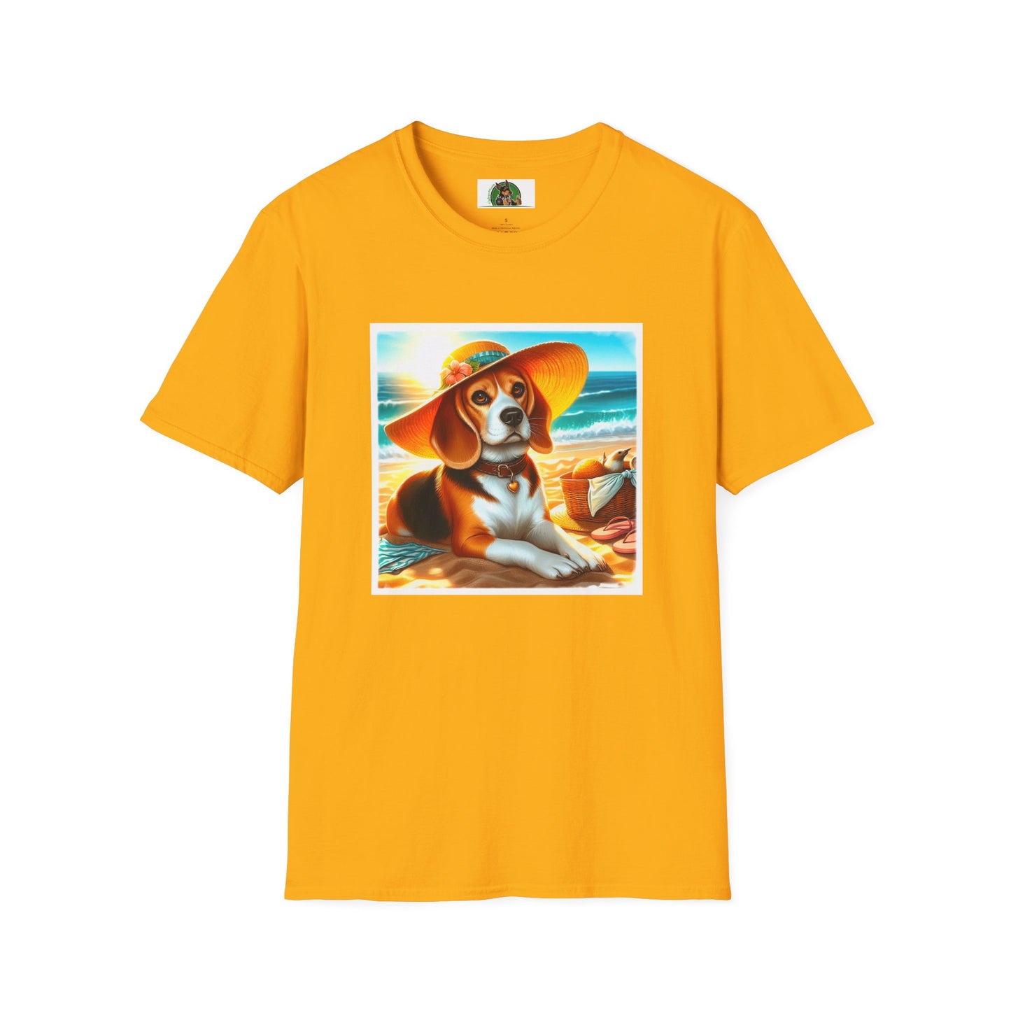 Beagle Girl Dog Wearing Sun Hat At Beach T-Shirt Printify S Gold