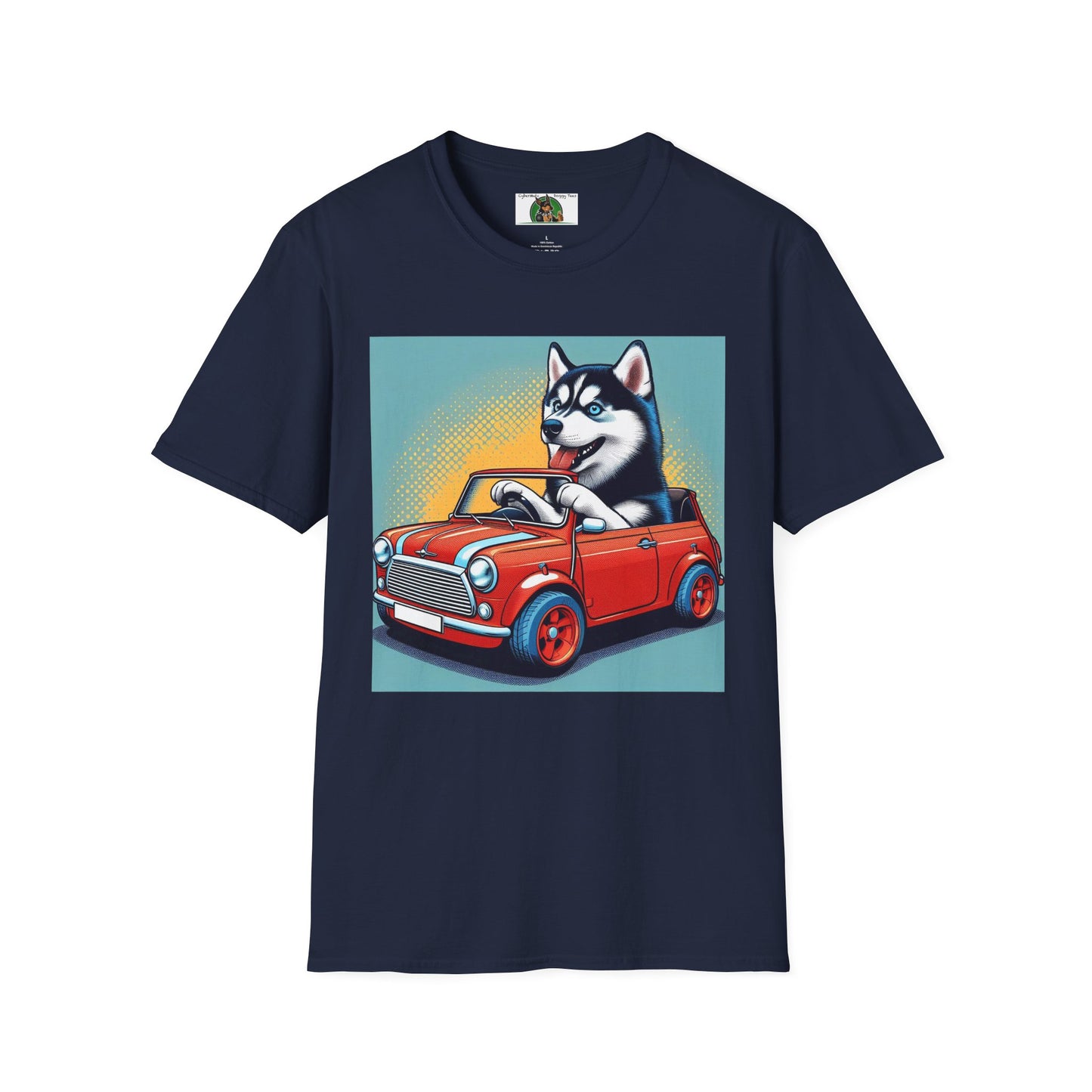 Husky in a Wacky Little Car T-Shirt Printify Navy S
