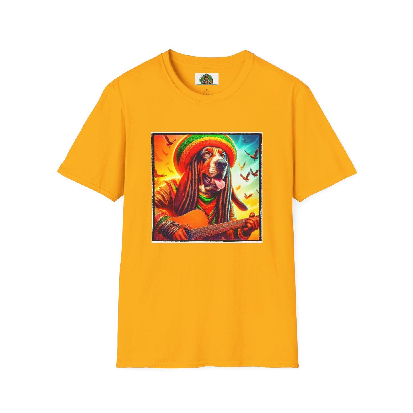 Basset Hound Playing Guitar T-Shirt Printify S Gold