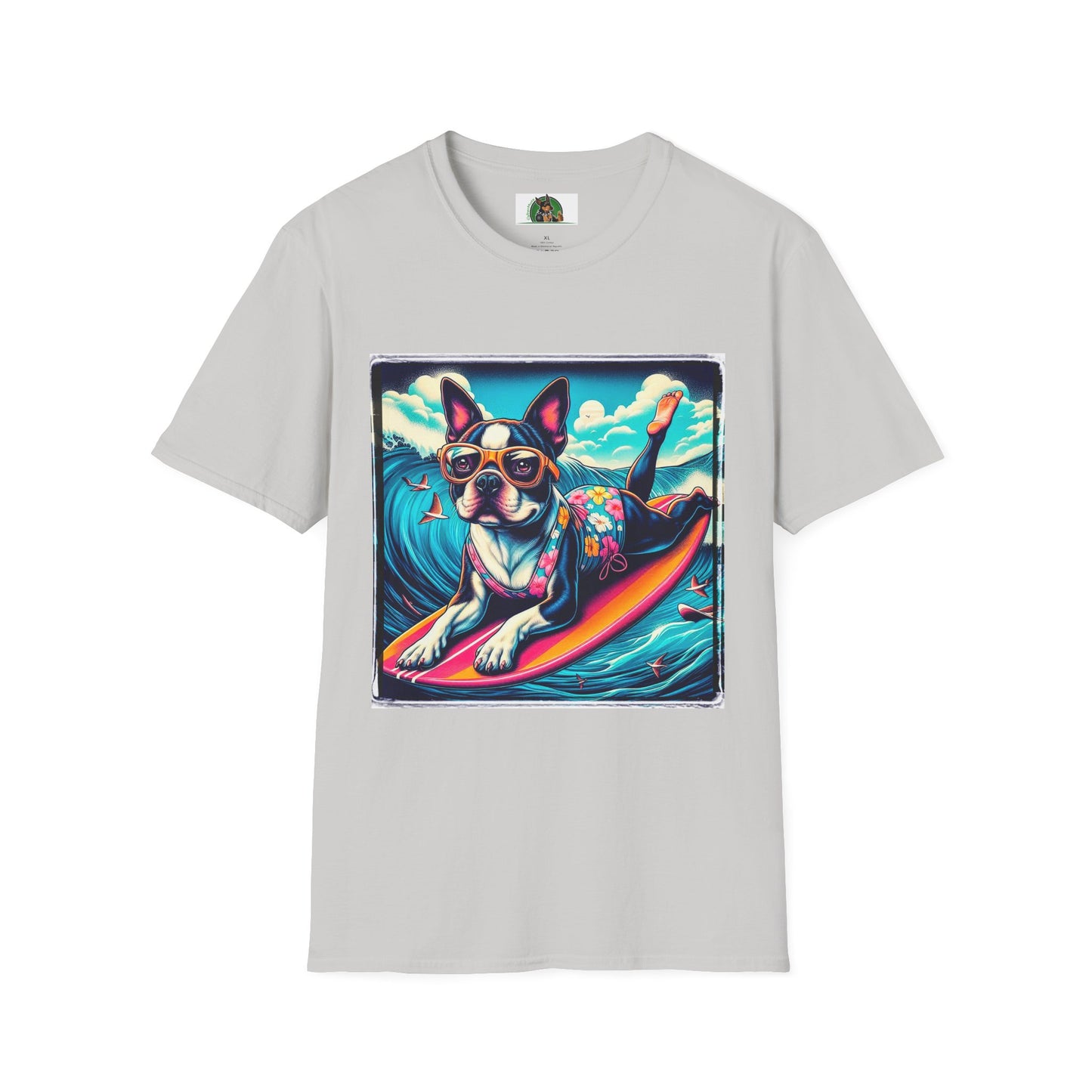 Boston Terrier Surfer Girl Shirt T-Shirt Printify S Ice Grey