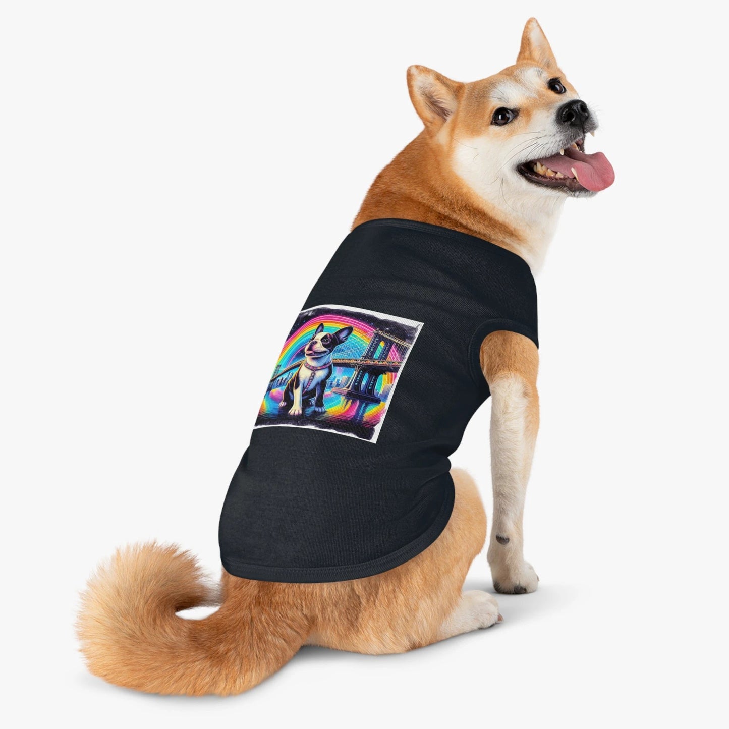 Pet Tank Top Boston Terrier Dog Sitting By Rainbow Bridge Pets Printify