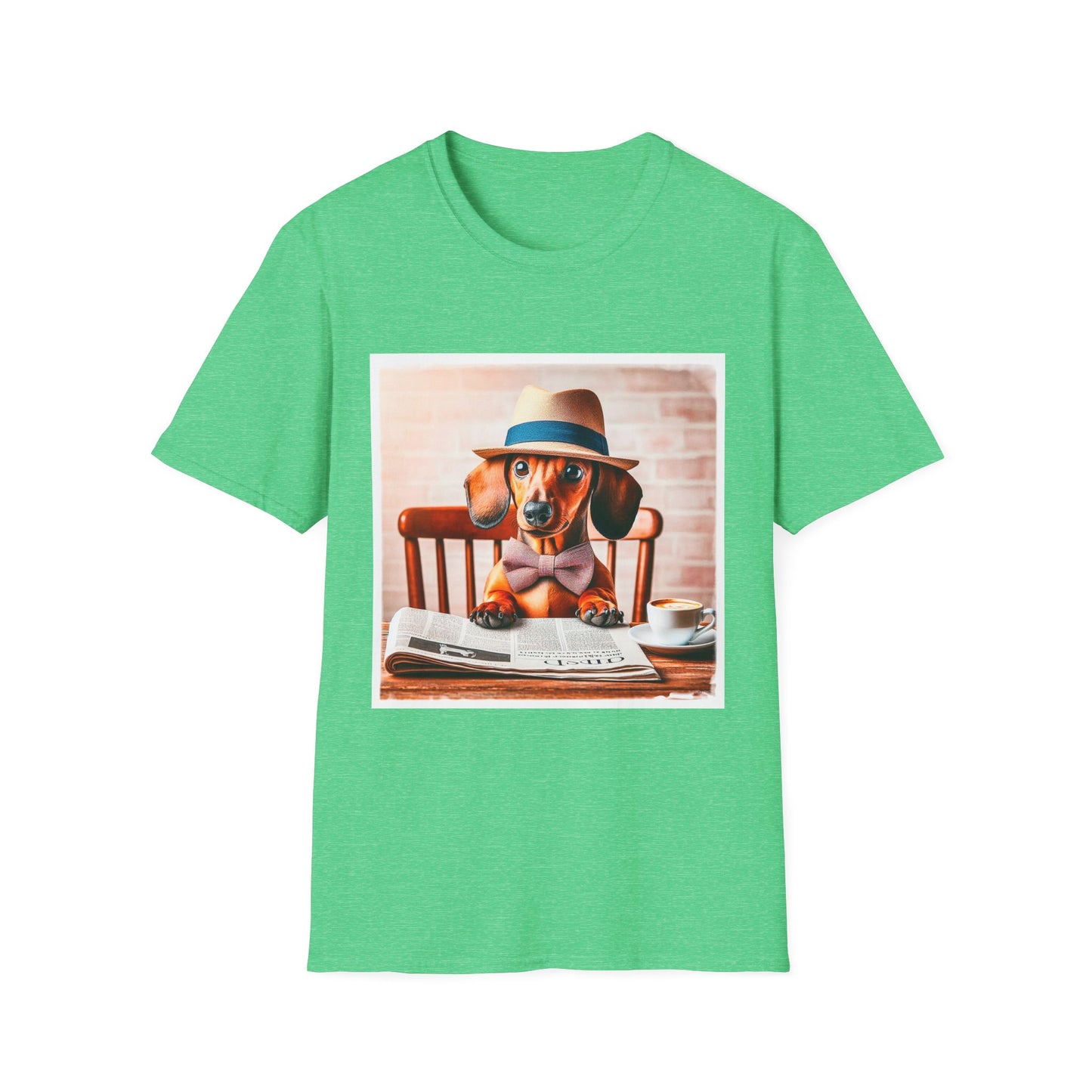 Dachshund reading news t shirt T-Shirt Printify S Heather Irish Green