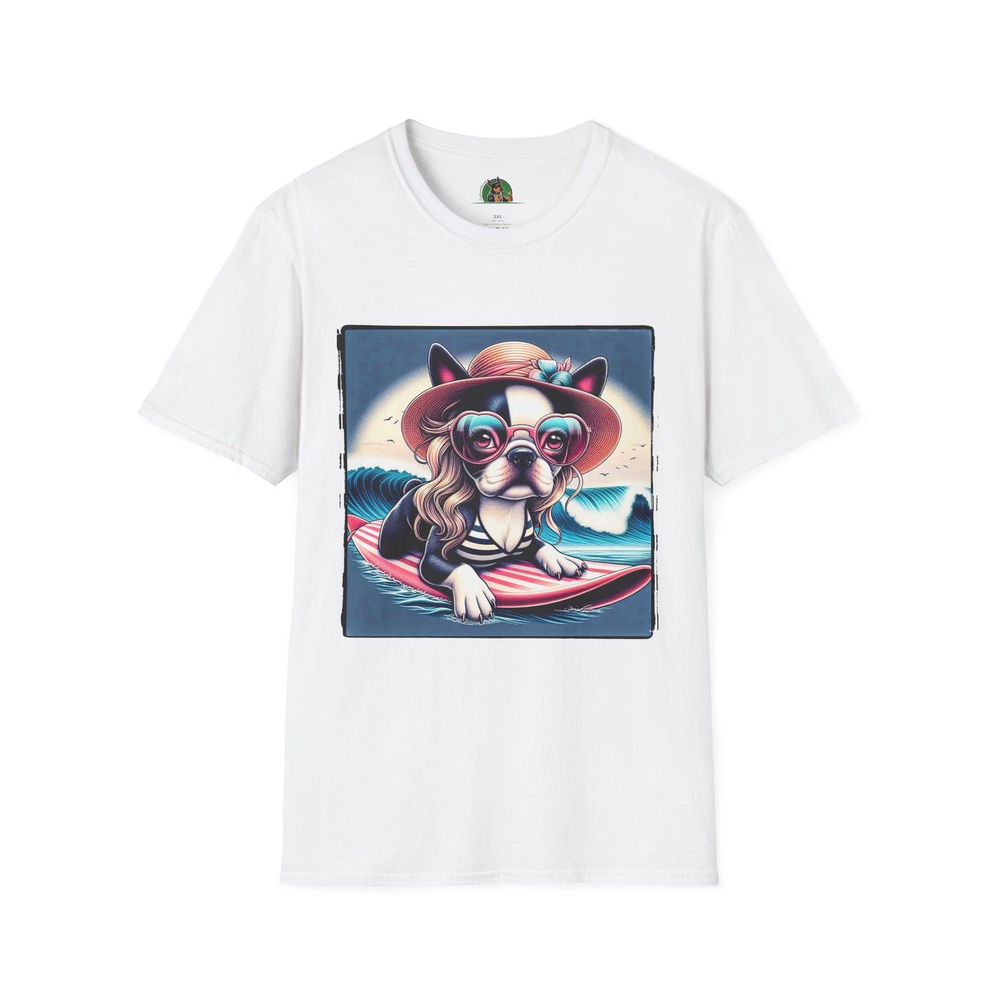 Boston Terrier Blonde Surfer Girl Dog T-Shirt Printify S White