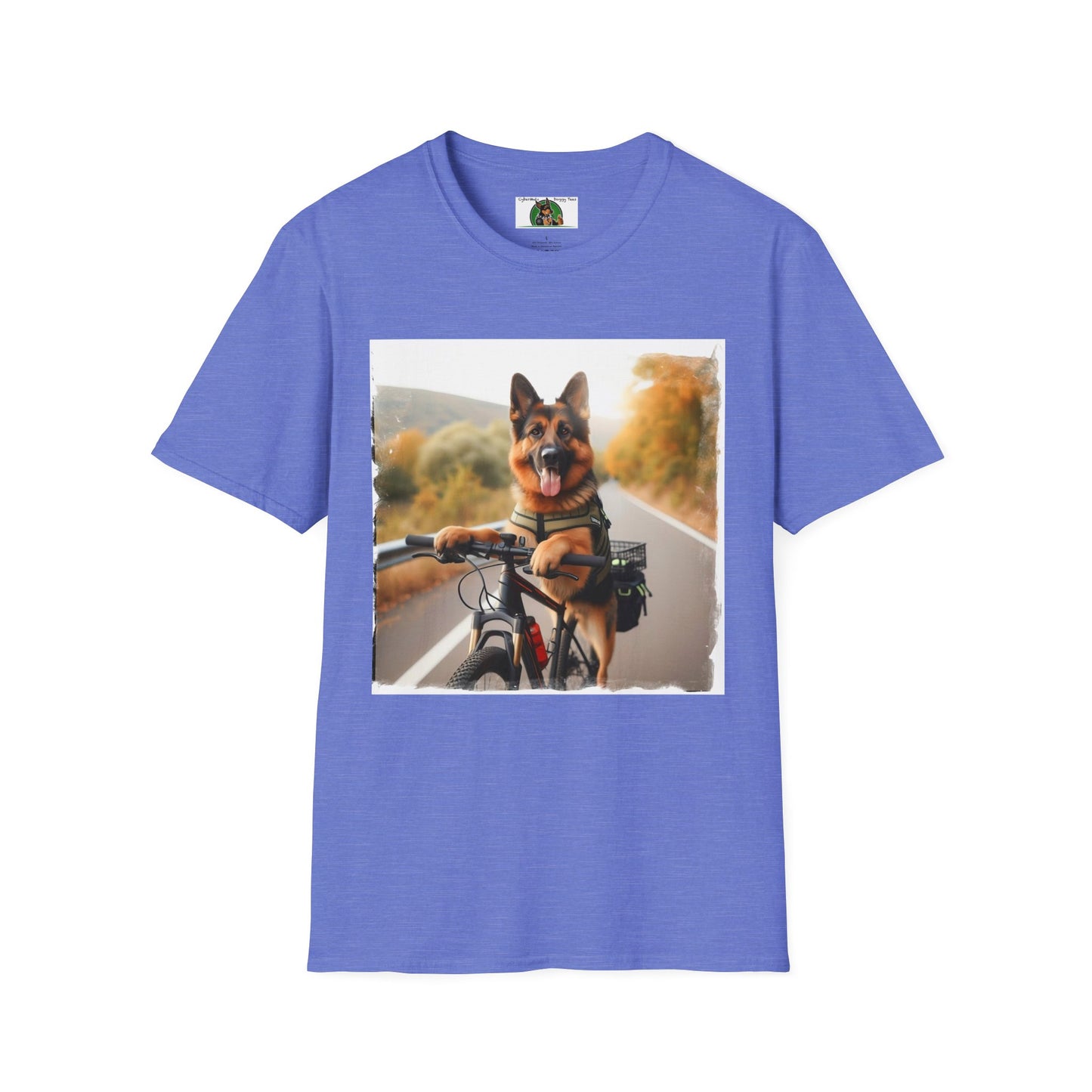 German Shepherd Dog Road Biking! Unisex Softstyle T-Shirt T-Shirt Printify S Heather Royal