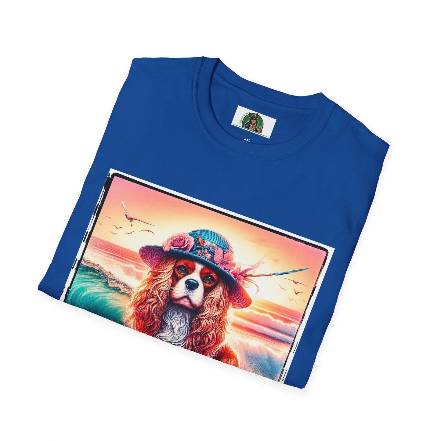 Cavalier King Charles Spaniel Female Surfing Dog With Summer Hat TShirt T-Shirt Printify