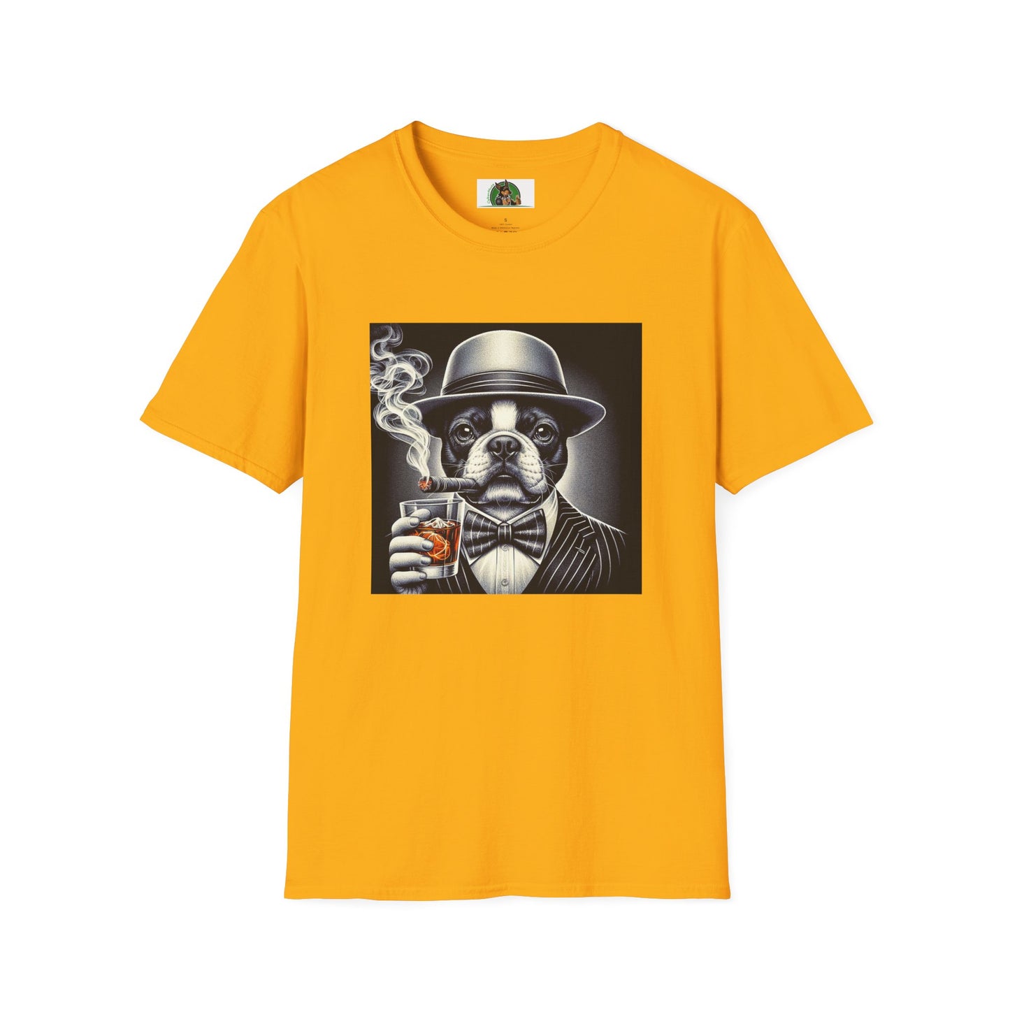 Boston Terrier Male Dog Smoking Cigar Drinking Whiskey T-Shirt Printify S Gold