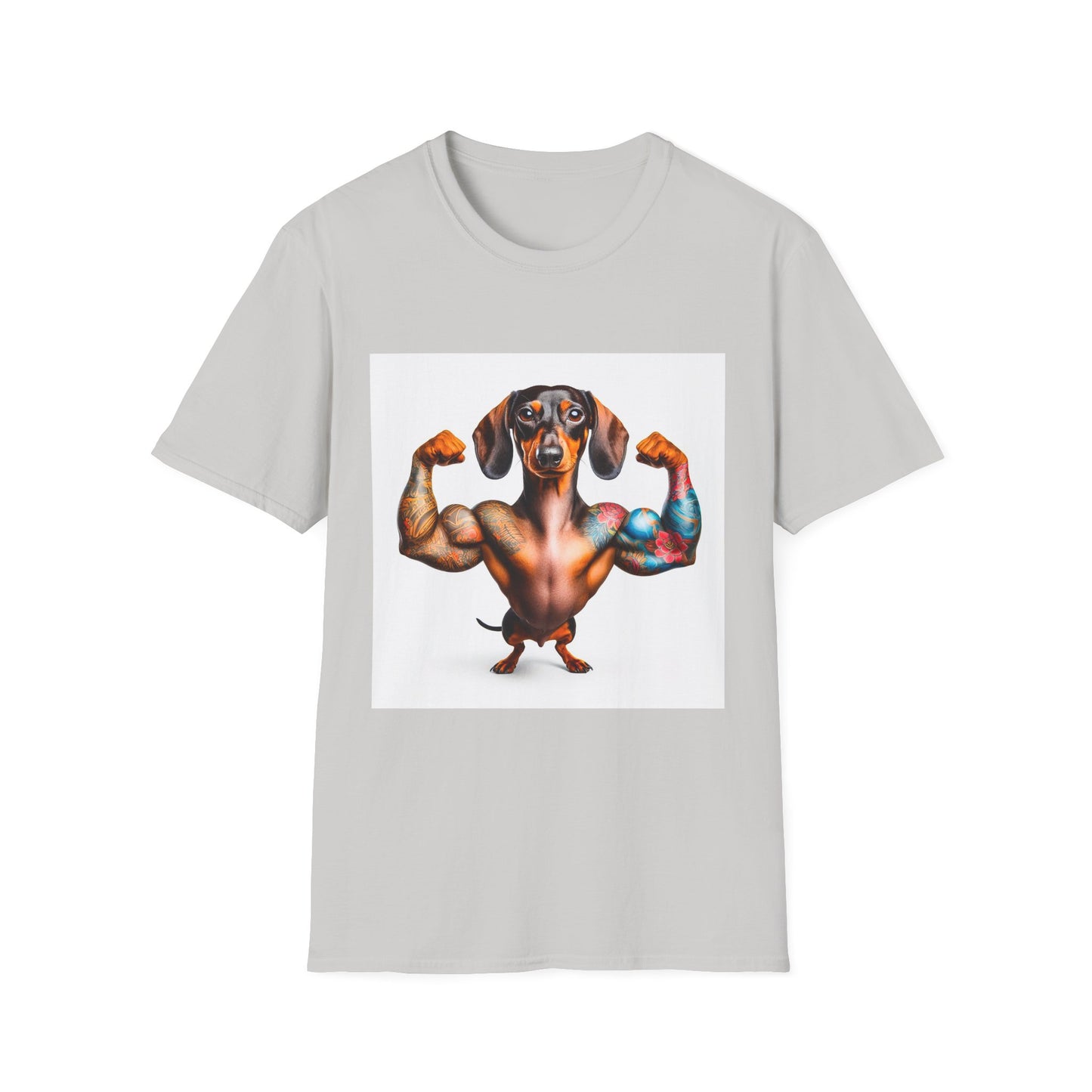 Dachshund muscles man t shirt T-Shirt Printify S Ice Grey