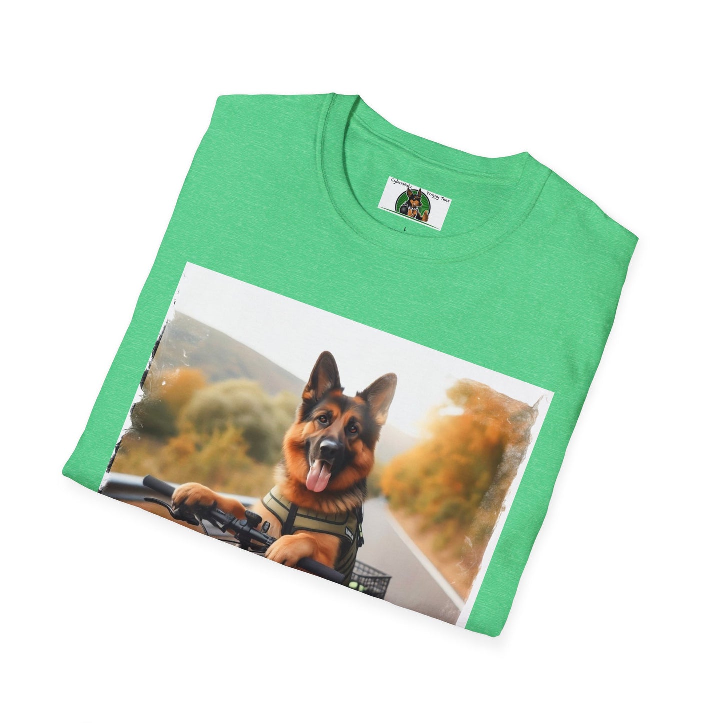 German Shepherd Dog Road Biking! Unisex Softstyle T-Shirt T-Shirt Printify
