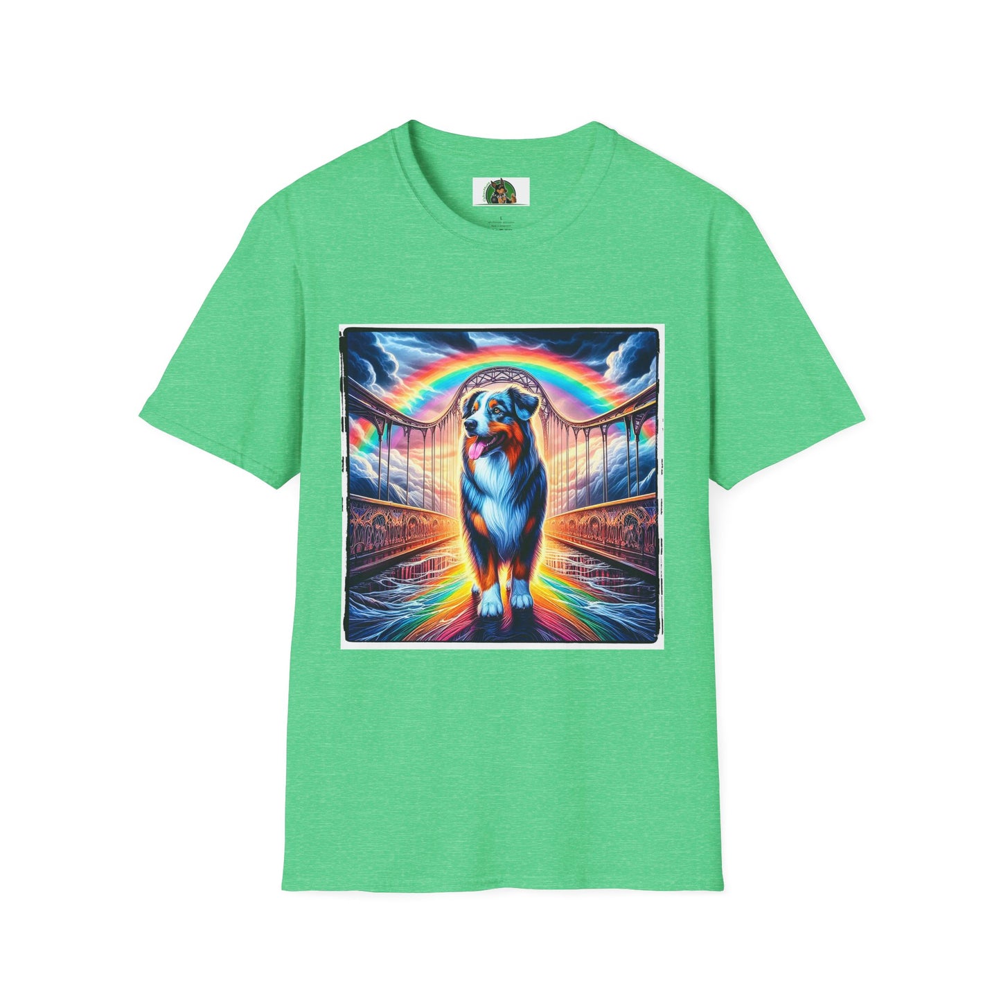 Australian Shepherd Walking Rainbow Bridge T-Shirt Printify S Heather Irish Green