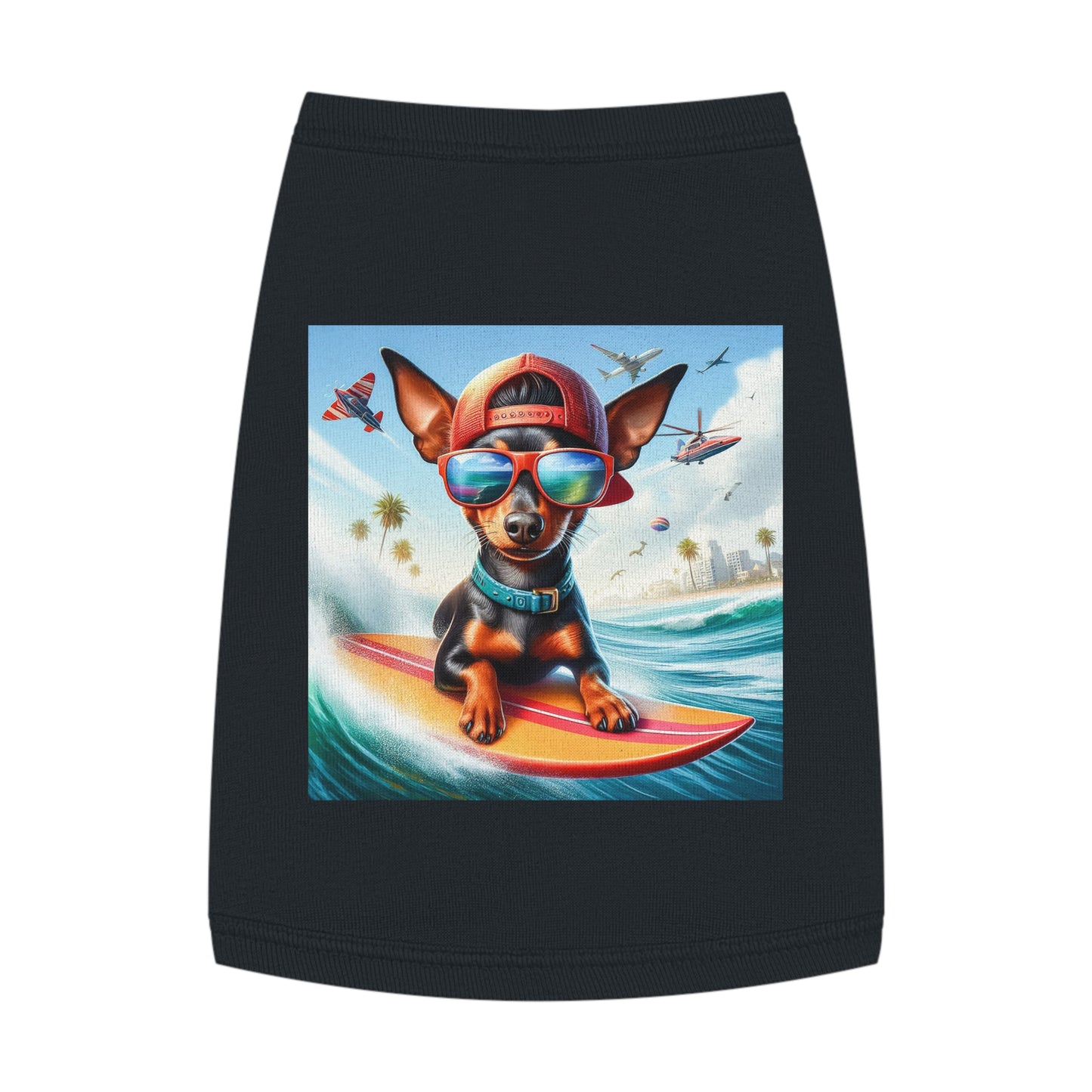 Min Pin Tank Tops surfer puppy dog Pets Printify M Black