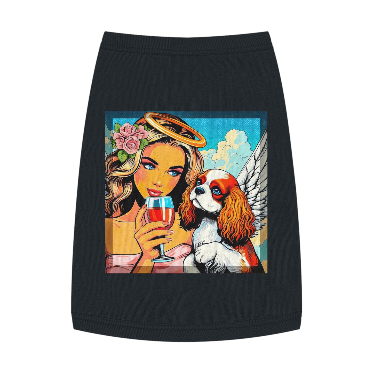 Pet Tank Top Cavalier King Charles Spaniel Angel sipping Wine T Shirt Pets Printify M Black