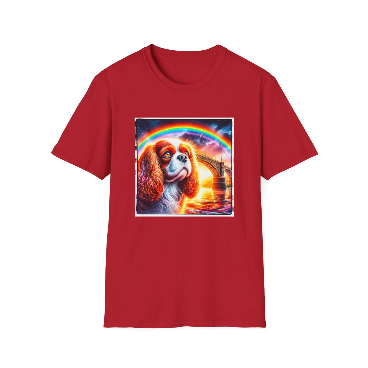 Cavalier King Charles Spaniel Rainbow Bridge TShirt T-Shirt Printify S Cherry Red