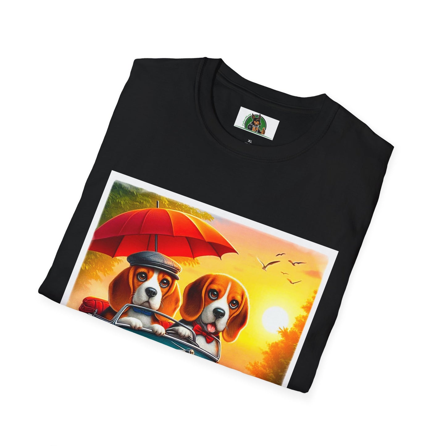 Wacky Beagle Couple In Tiny Car T-Shirt Printify