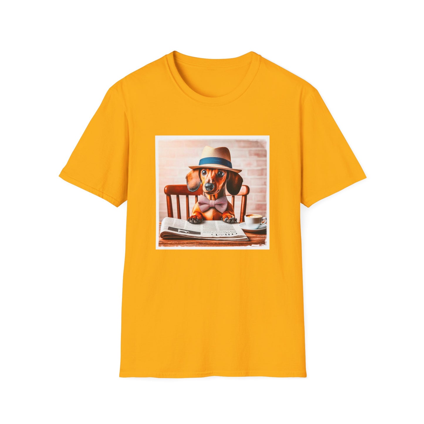 Dachshund reading news t shirt T-Shirt Printify S Gold