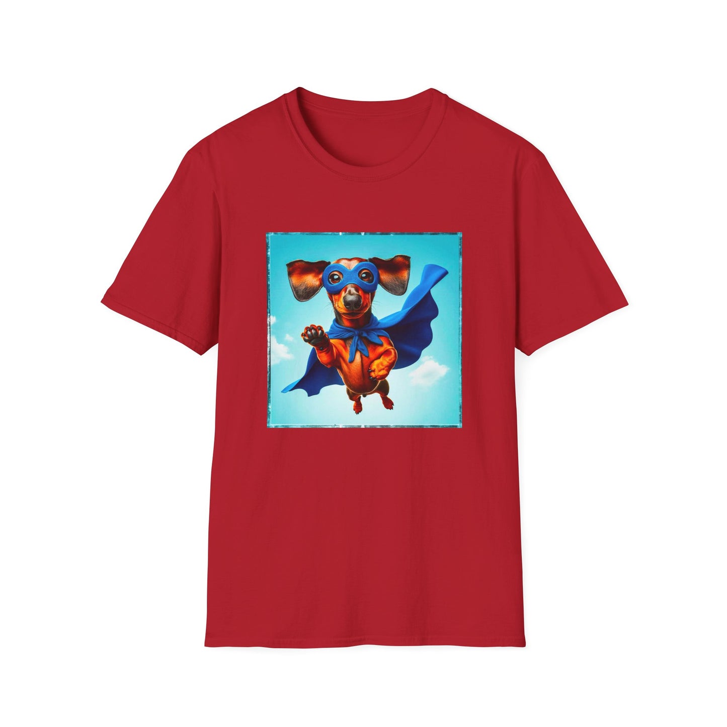 Dachshund flying superhero t shirt T-Shirt Printify S Cherry Red