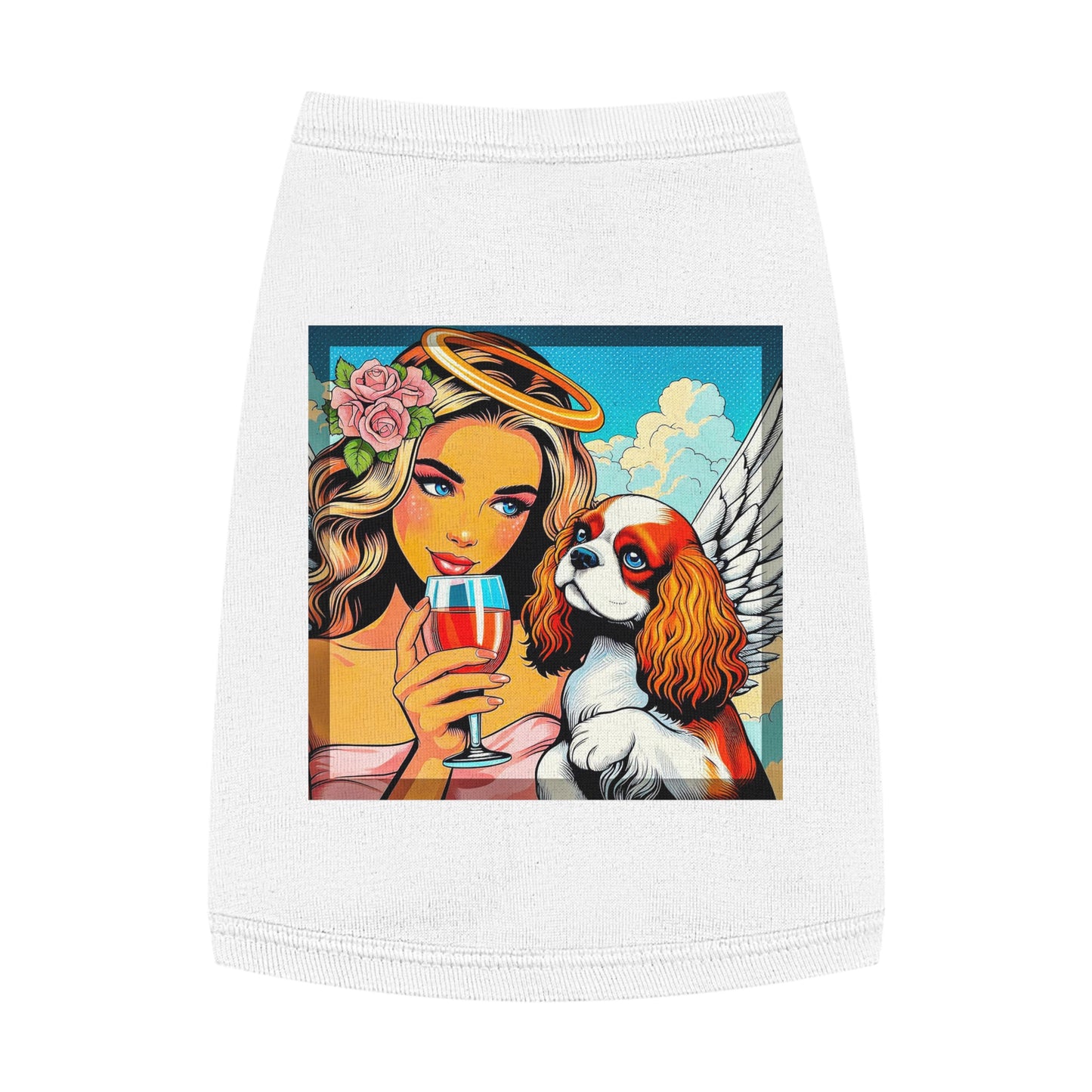 Pet Tank Top Cavalier King Charles Spaniel Angel sipping Wine T Shirt Pets Printify