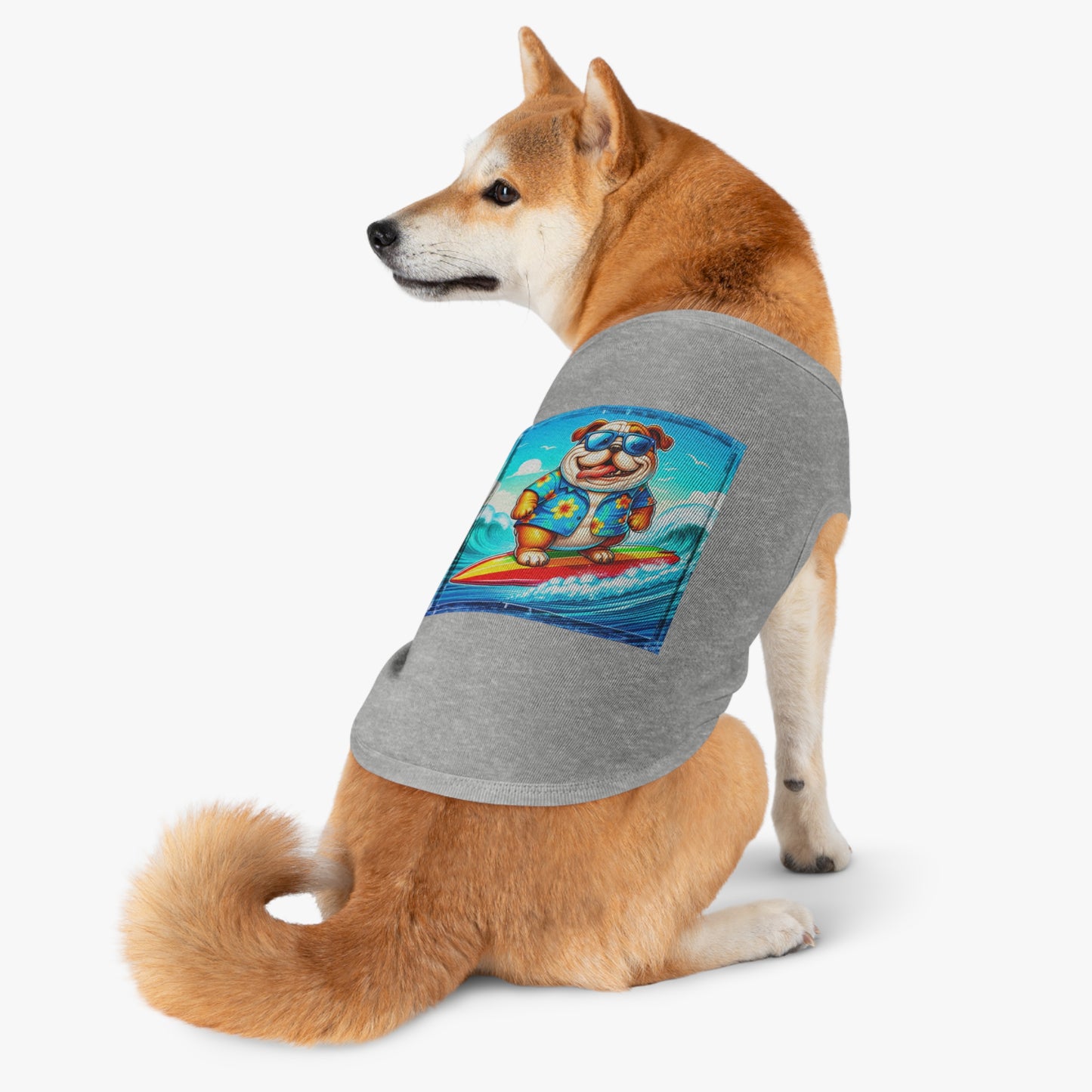 Pet Tank Top Bulldog surfing dog t shirt Pets Printify