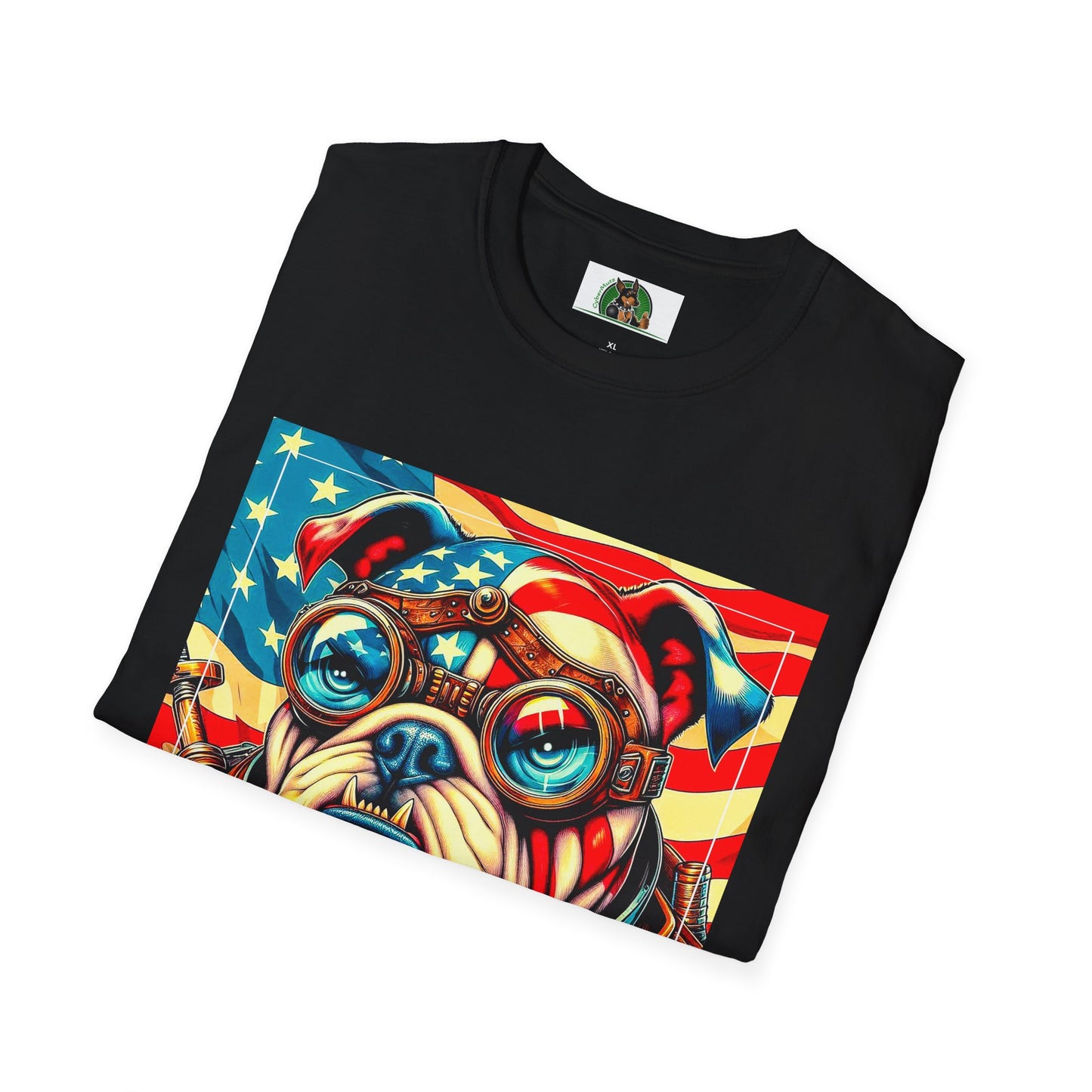 Bulldog Steampunk American Flag T-Shirt Printify