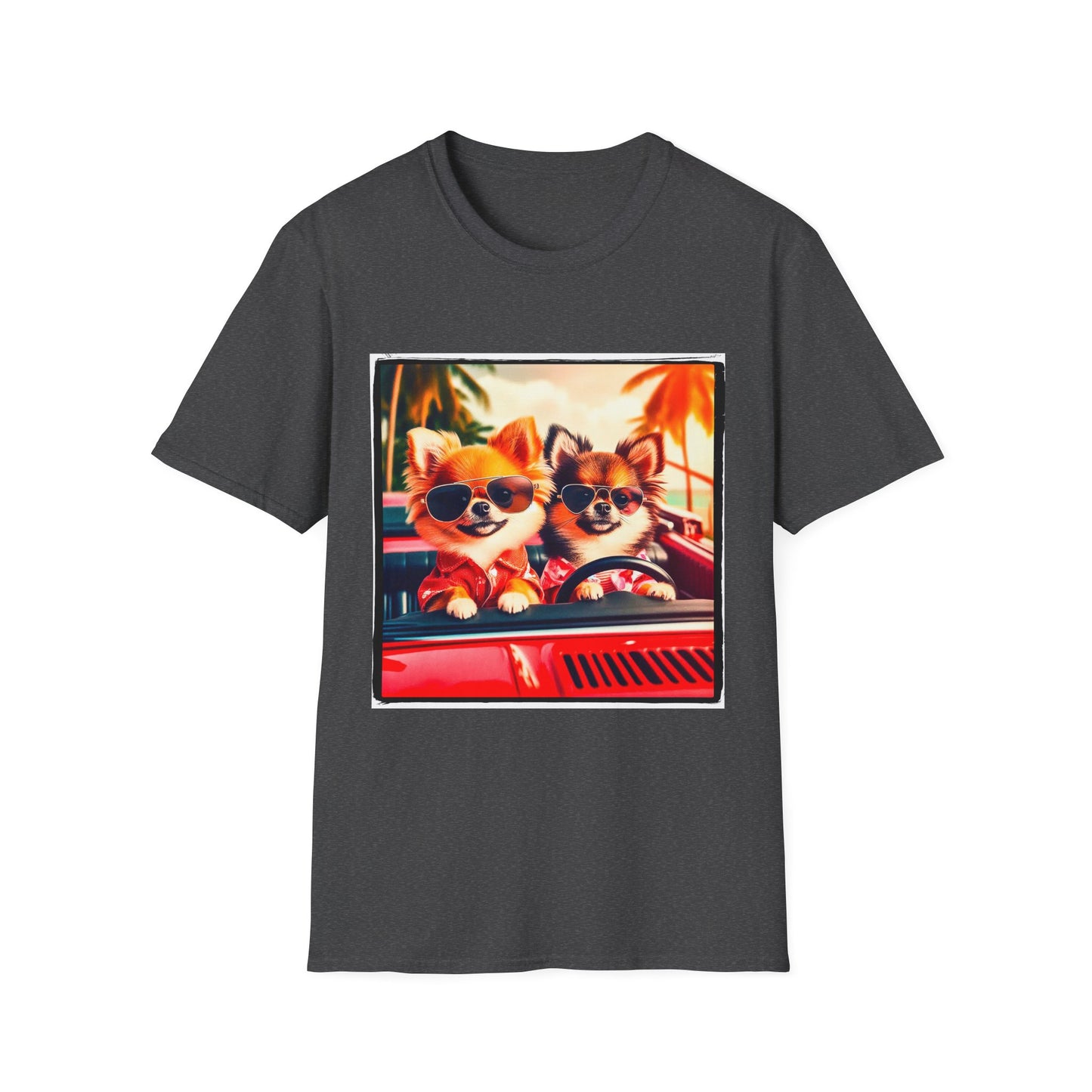 Chihuahua driving beach scene t shirt T-Shirt Printify XS Dark Heather