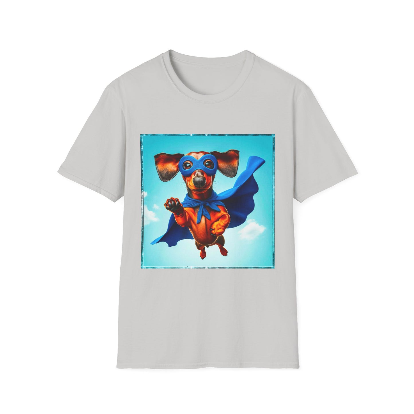 Dachshund flying superhero t shirt T-Shirt Printify S Ice Grey