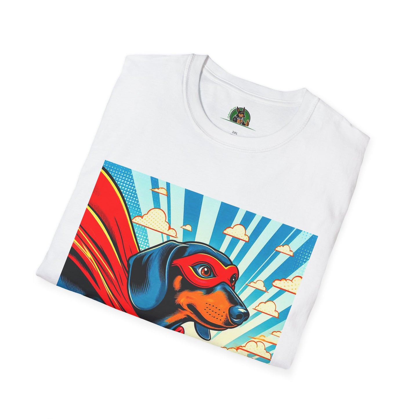 Dachshund flying superhero t shirt T-Shirt Printify