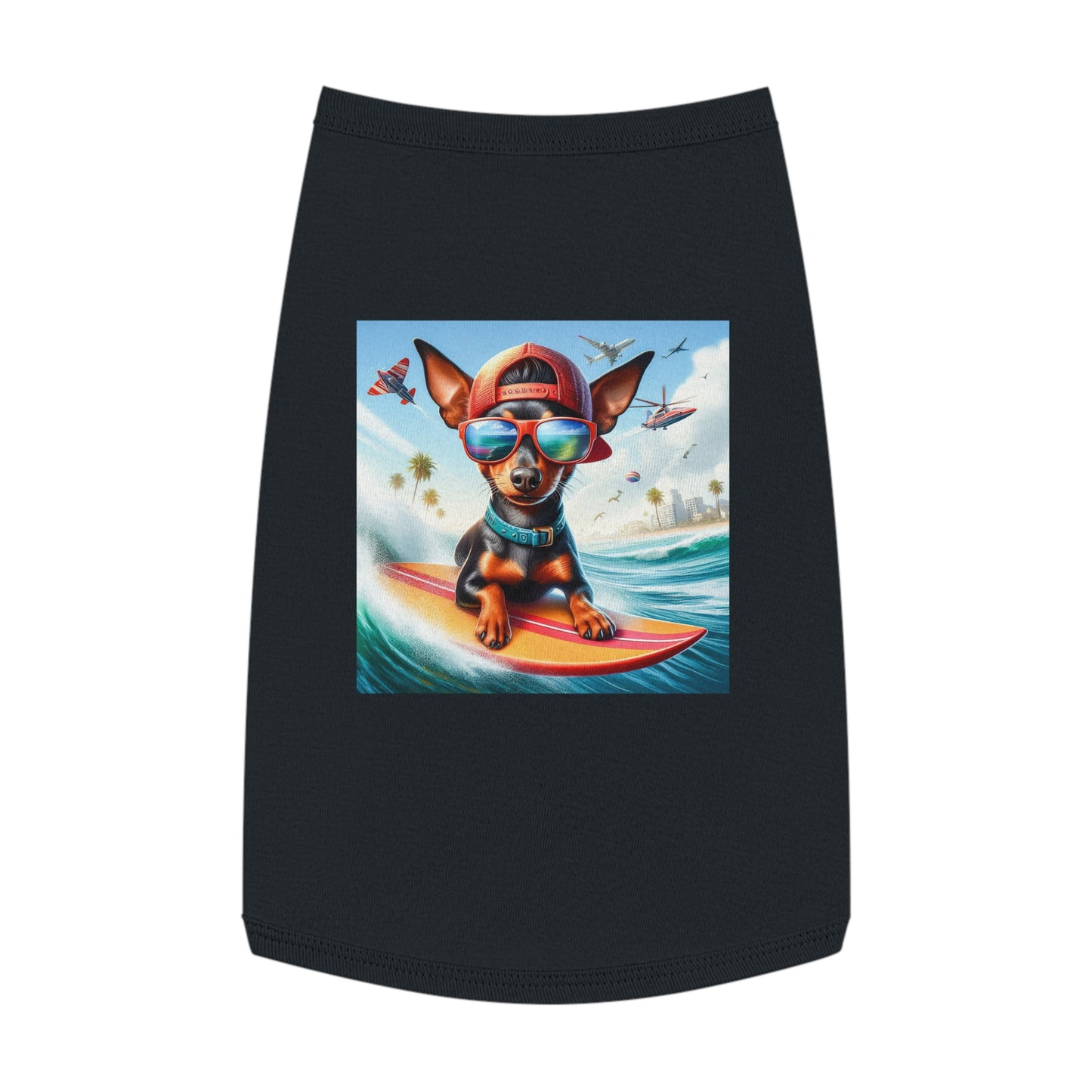 Min Pin Tank Tops surfer puppy dog Pets Printify L Black