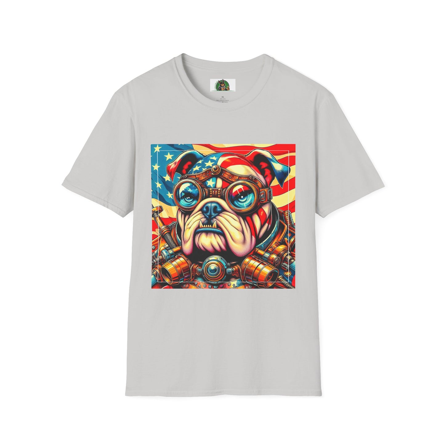 Bulldog Steampunk American Flag T-Shirt Printify S Ice Grey