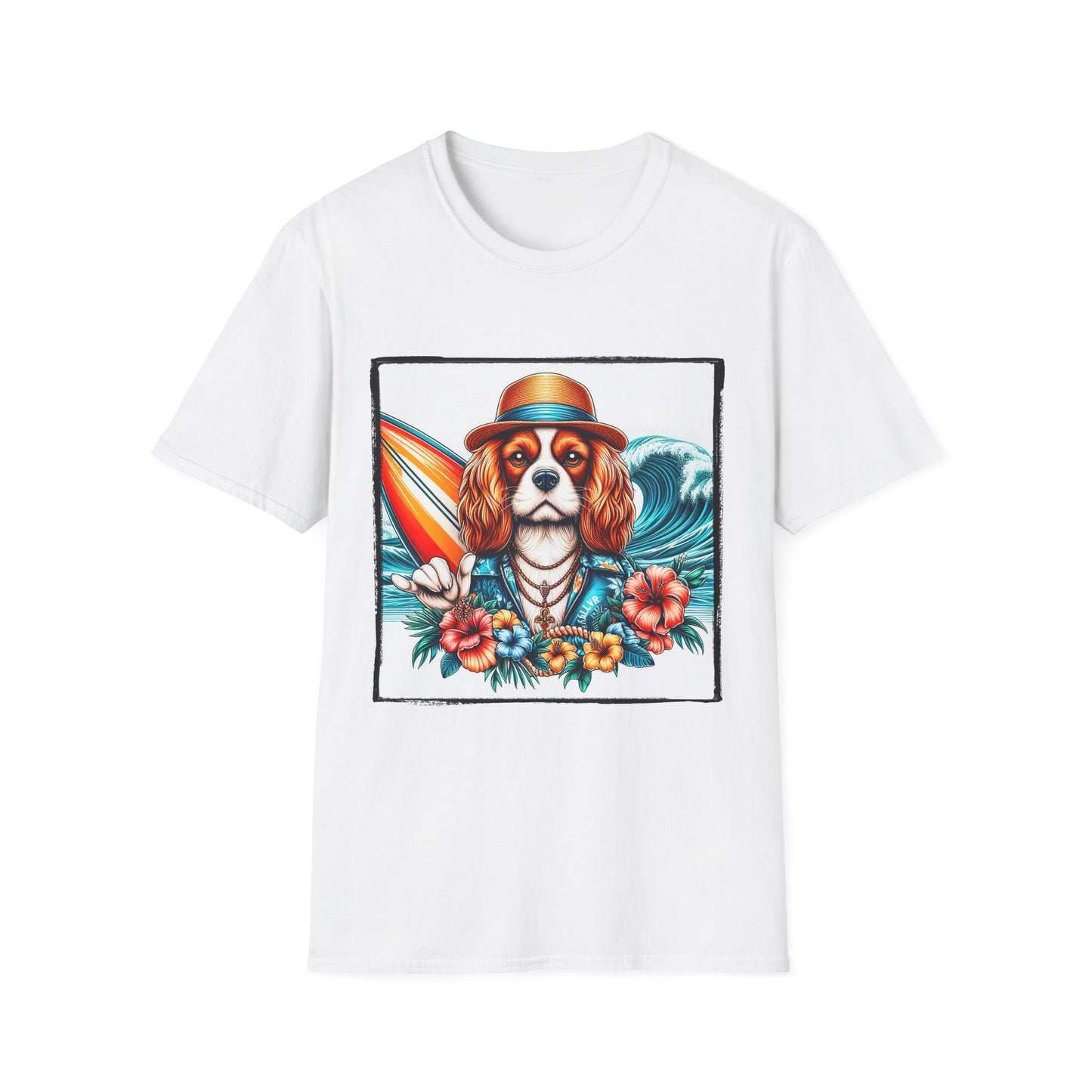 Cavalier King Charles Spaniel Hang Ten Surfer Dog TShirt T-Shirt Printify S White