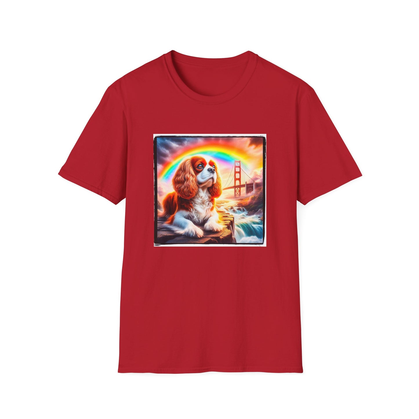 Cavalier King Charles Spaniel Rainbow Bridge TShirt T-Shirt Printify S Cherry Red