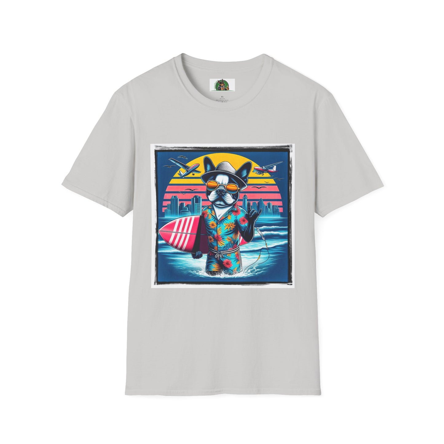 Boston Terrier Male Dog With Boogie Board T-Shirt Printify S Ice Grey