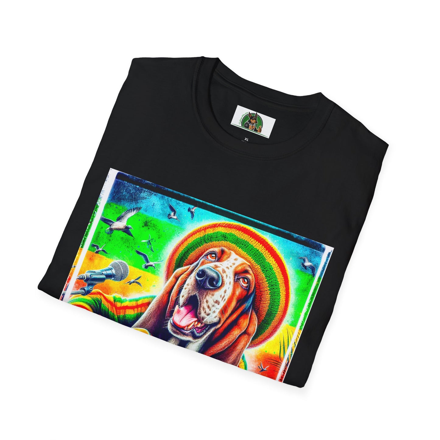 Basset Hound Rasta Dog Playing Guitar T-Shirt Printify