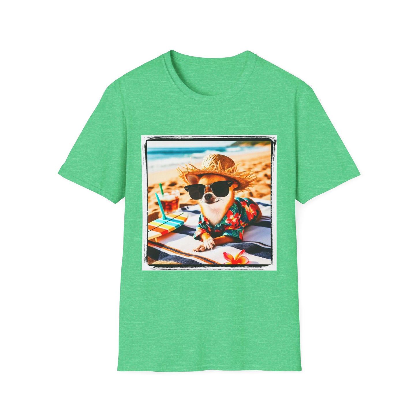 Chihuahua beach scene t shirt T-Shirt Printify S Heather Irish Green