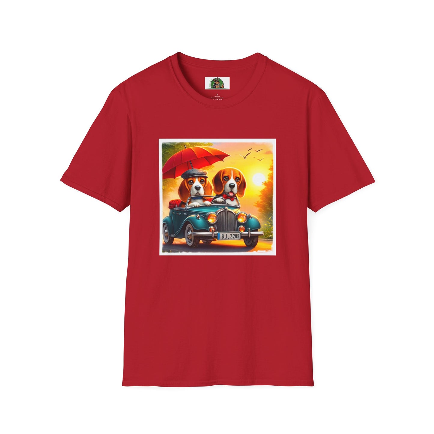 Wacky Beagle Couple In Tiny Car T-Shirt Printify S Cherry Red