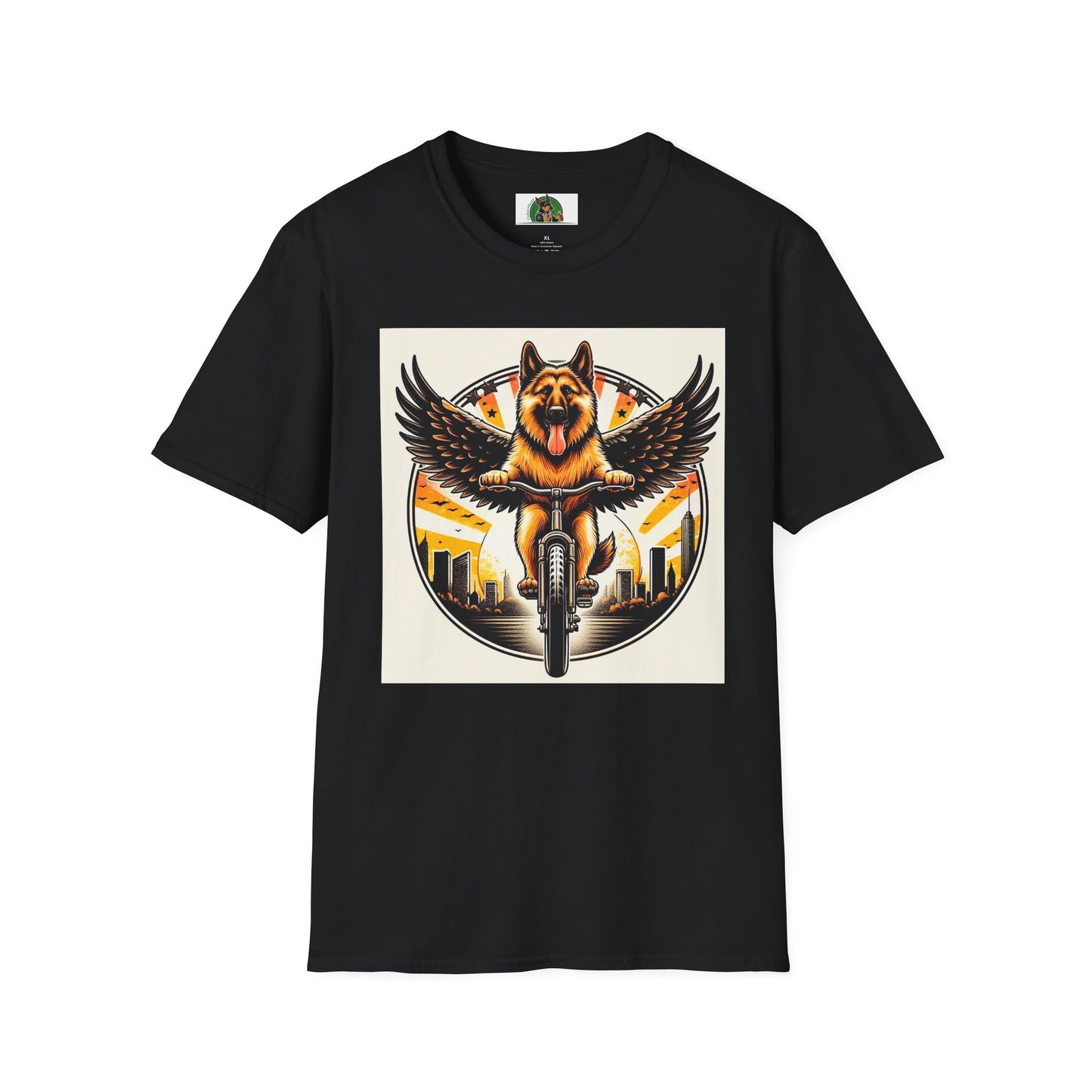 German Shepherd Angel bike riding T-Shirt Printify Black S