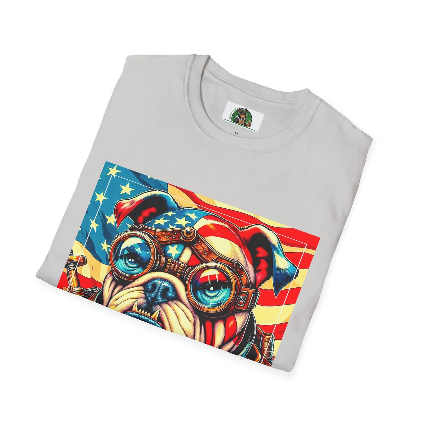 Bulldog Steampunk American Flag T-Shirt Printify