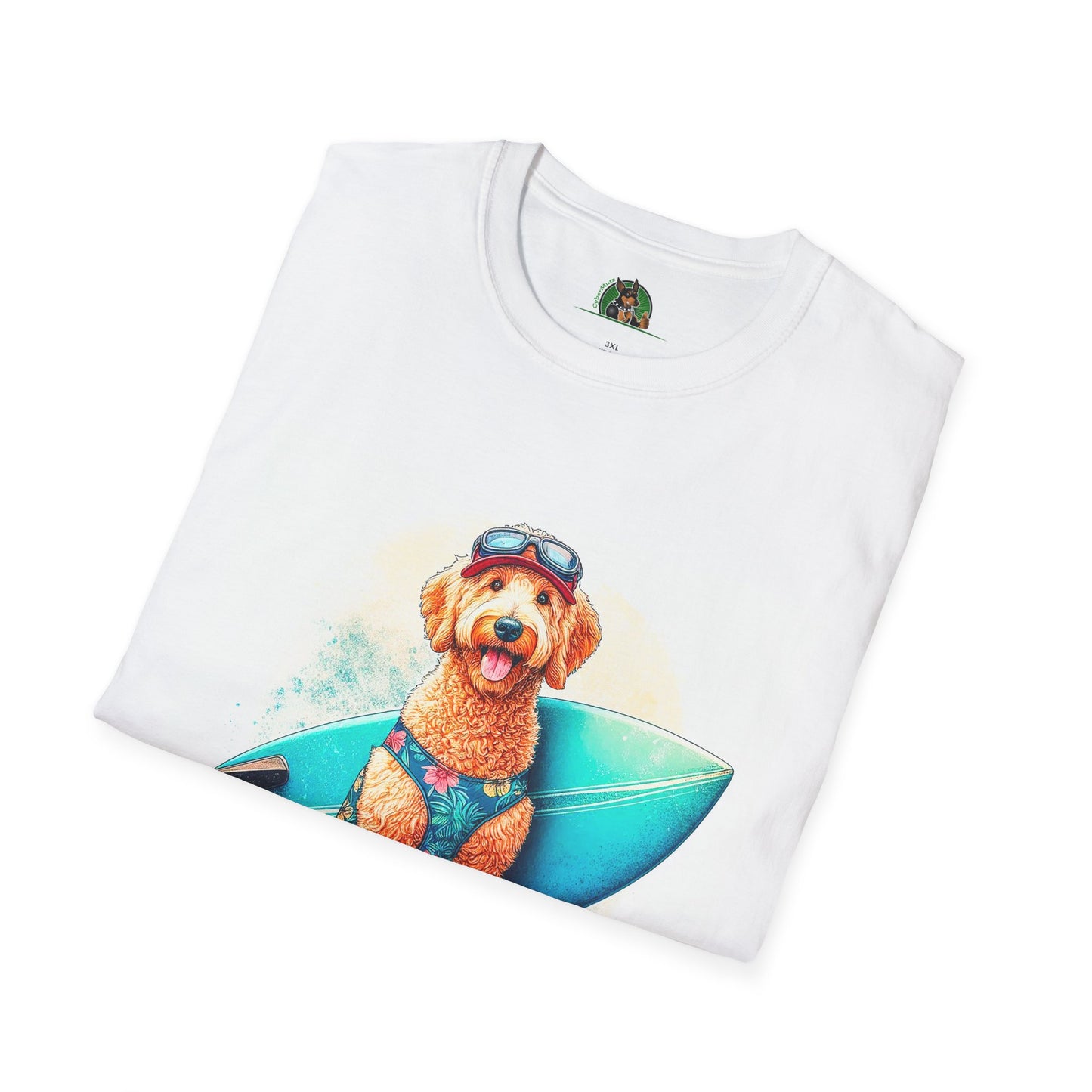 Golden Doodle surfer dude t shirt T-Shirt Printify