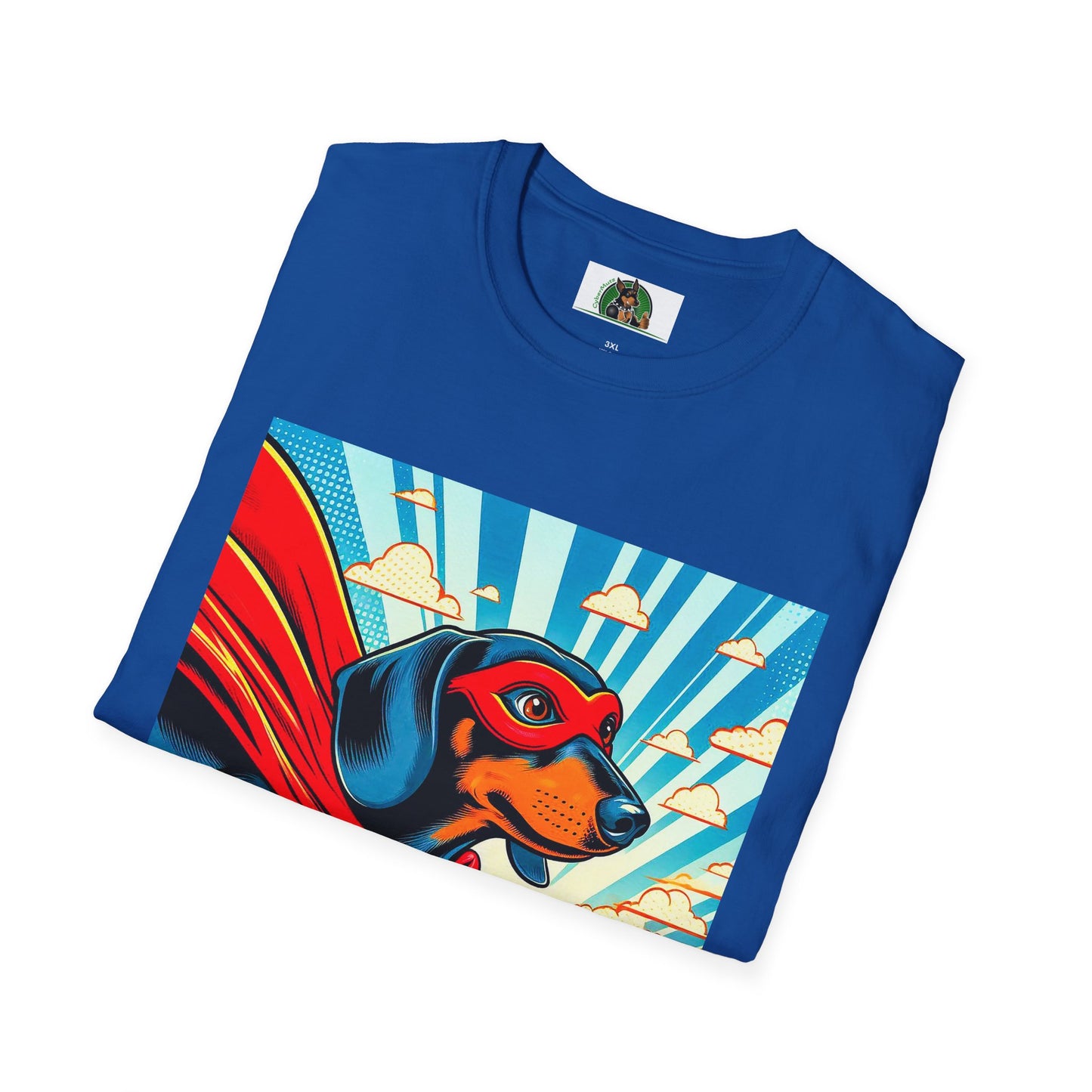 Dachshund flying superhero t shirt T-Shirt Printify