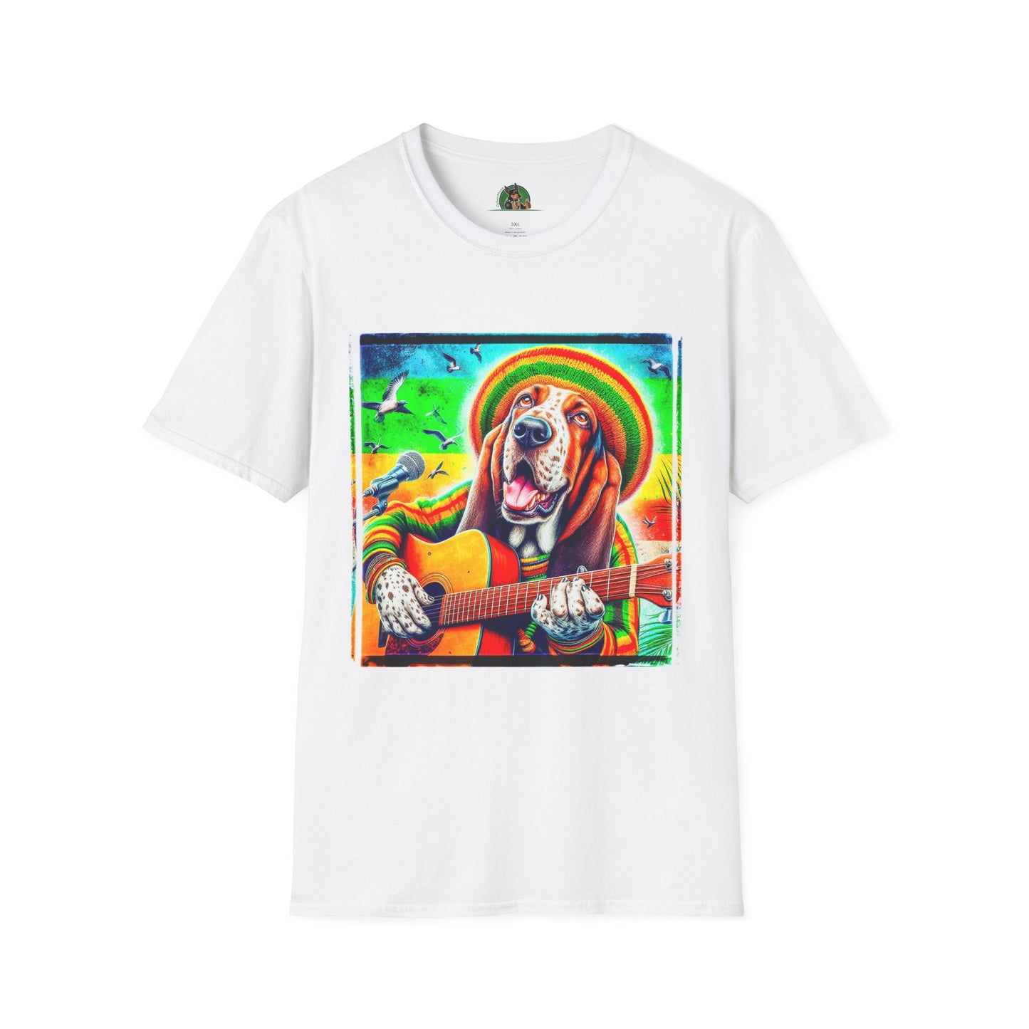 Basset Hound Rasta Dog Playing Guitar T-Shirt Printify XS White