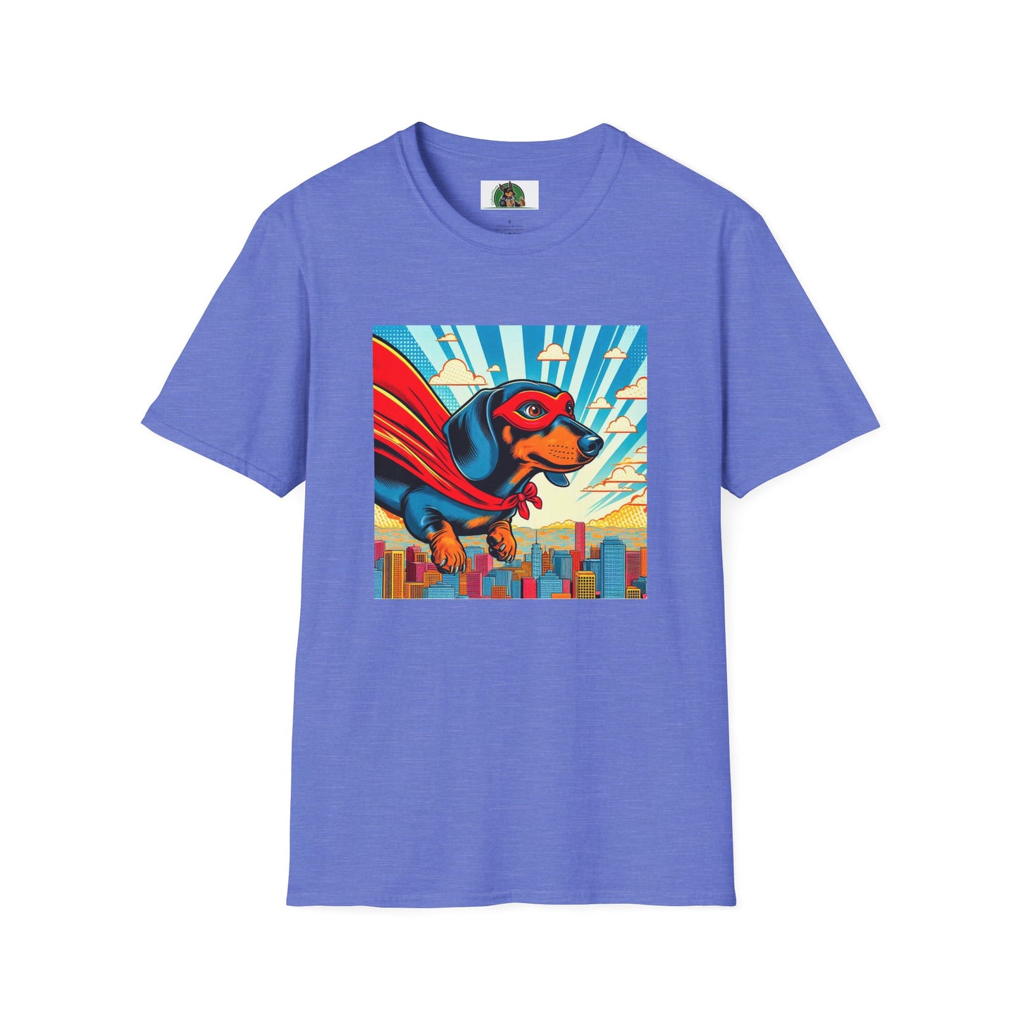 Dachshund flying superhero t shirt T-Shirt Printify Heather Royal S