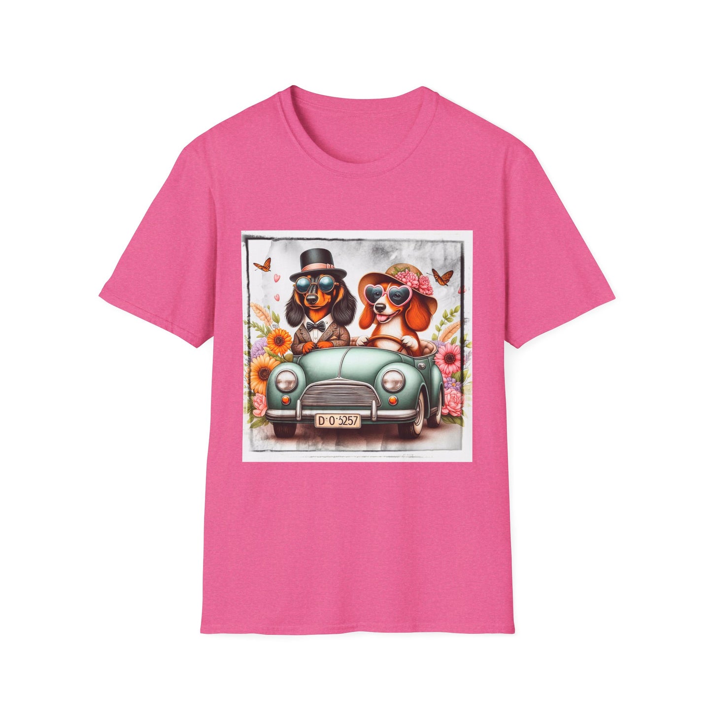 Wacky Dachshund car driving t shirt T-Shirt Printify S Heather Heliconia