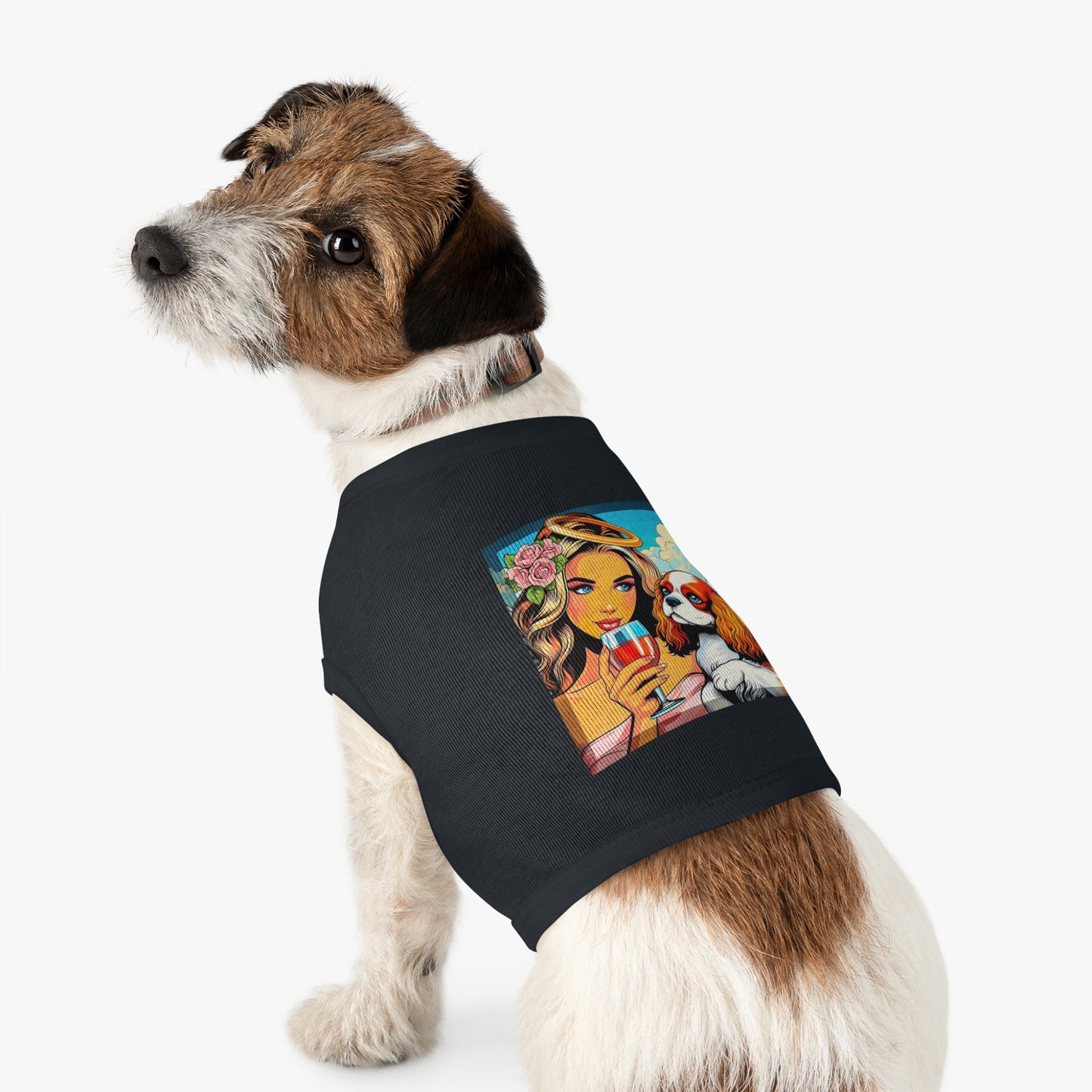 Pet Tank Top Cavalier King Charles Spaniel Angel sipping Wine T Shirt Pets Printify