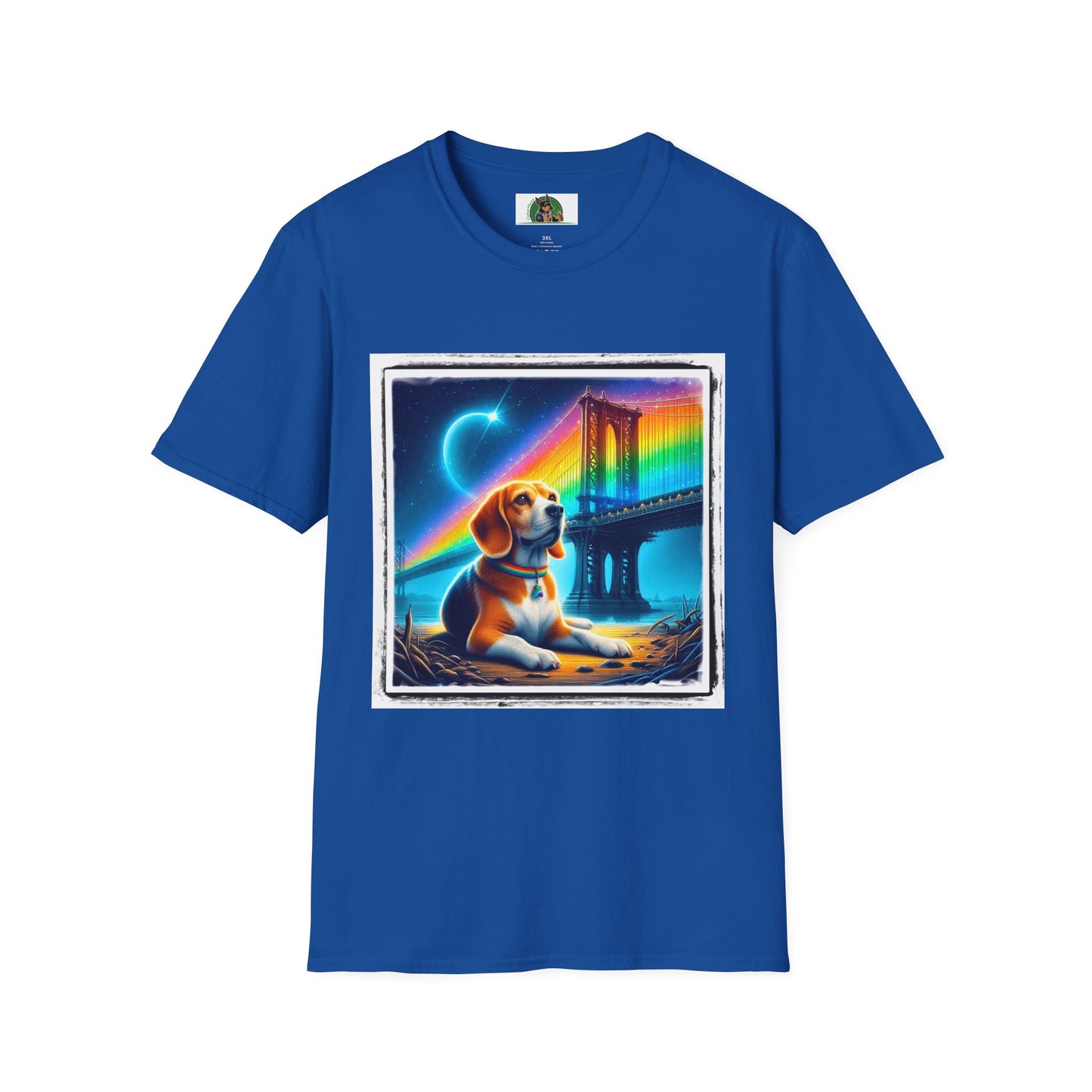 Beagle Sitting Under Rainbow Bridge T-Shirt Printify XS Royal
