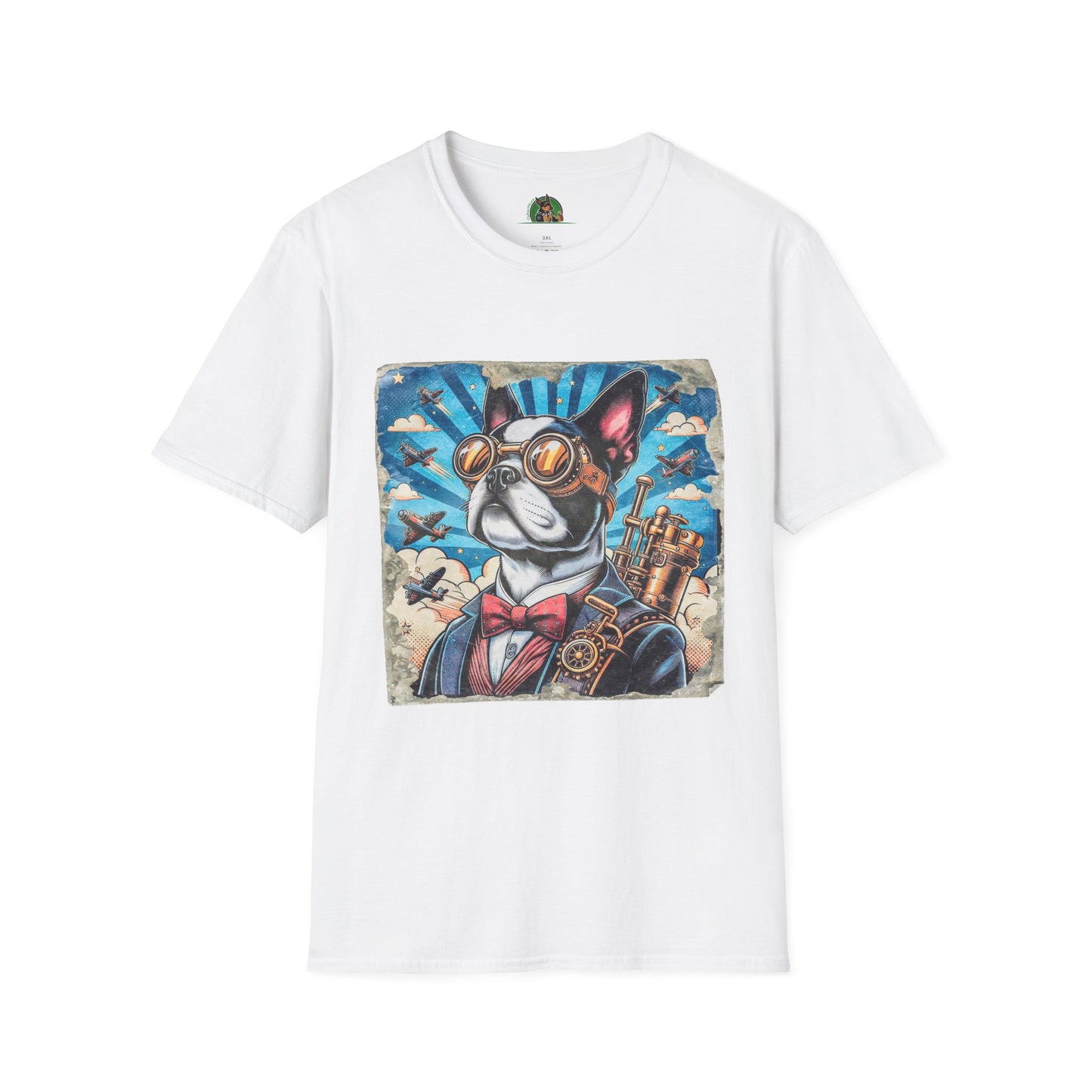 Boston Terrier Steampunk Watching Planes Fly By T-Shirt Printify S White
