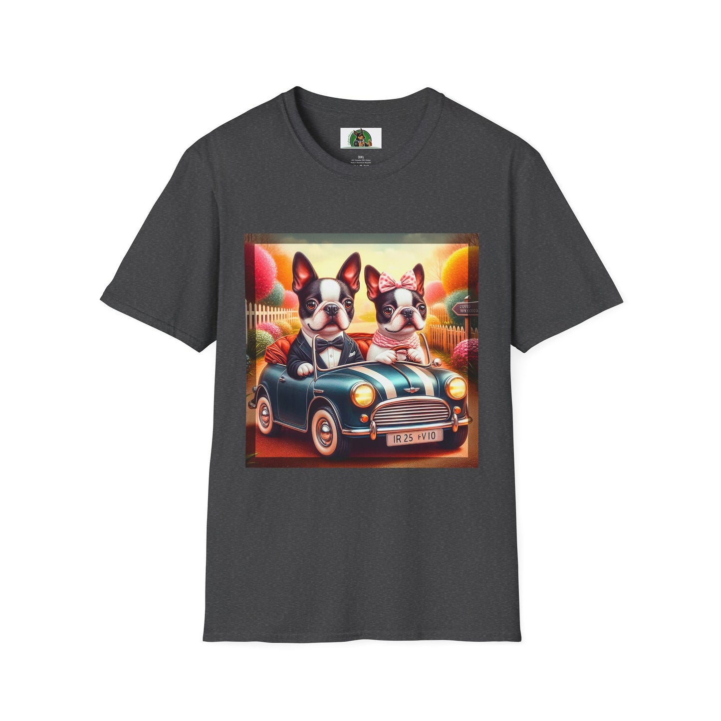 Wacky Boston Terrier Cute Dogs In Tiny Car Shirt T-Shirt Printify XS Dark Heather
