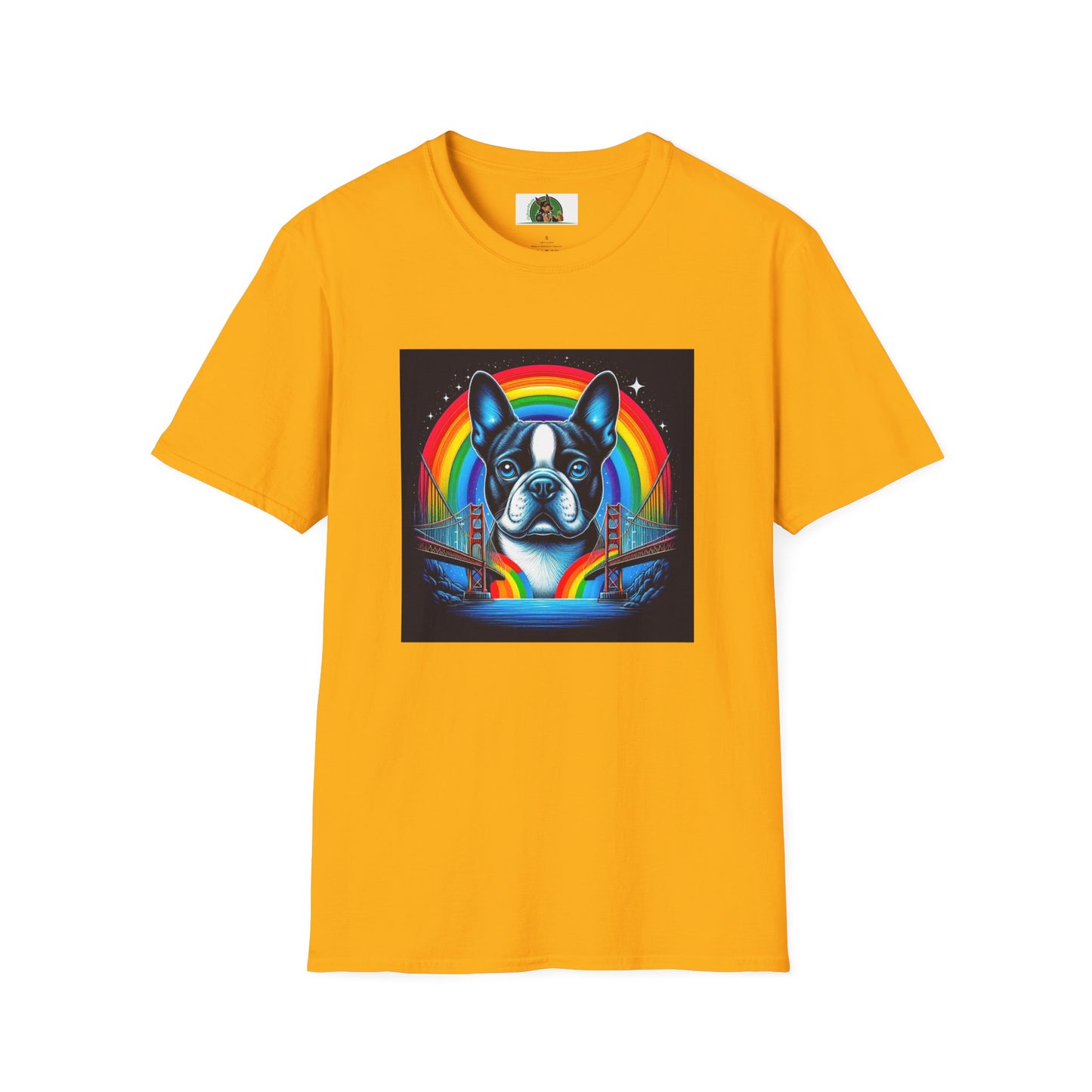 Boston Terrier Dog Overlooking Rainbow Bridge T-Shirt Printify S Gold