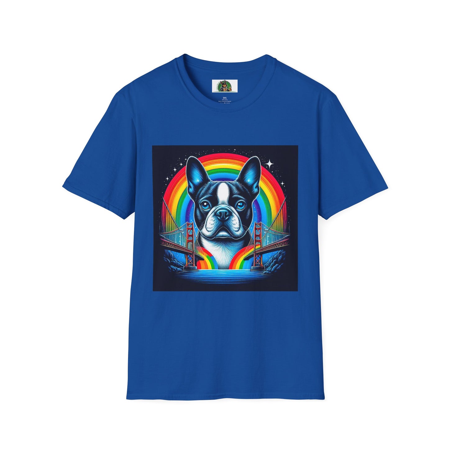 Boston Terrier Dog Overlooking Rainbow Bridge T-Shirt Printify XS Royal