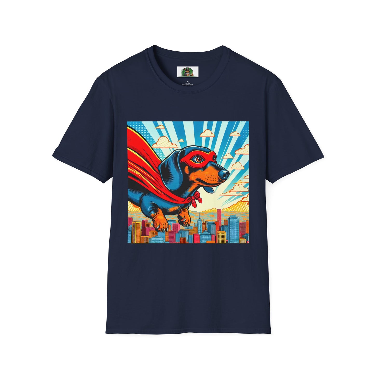 Dachshund flying superhero t shirt T-Shirt Printify Navy S