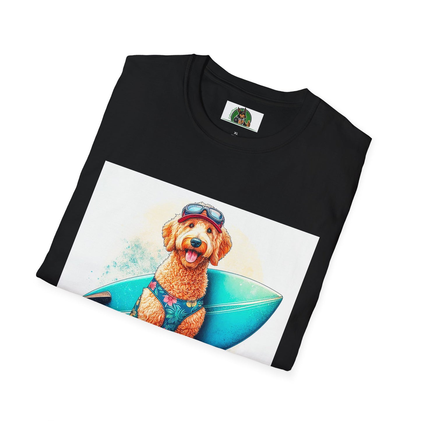 Golden Doodle surfer dude t shirt T-Shirt Printify