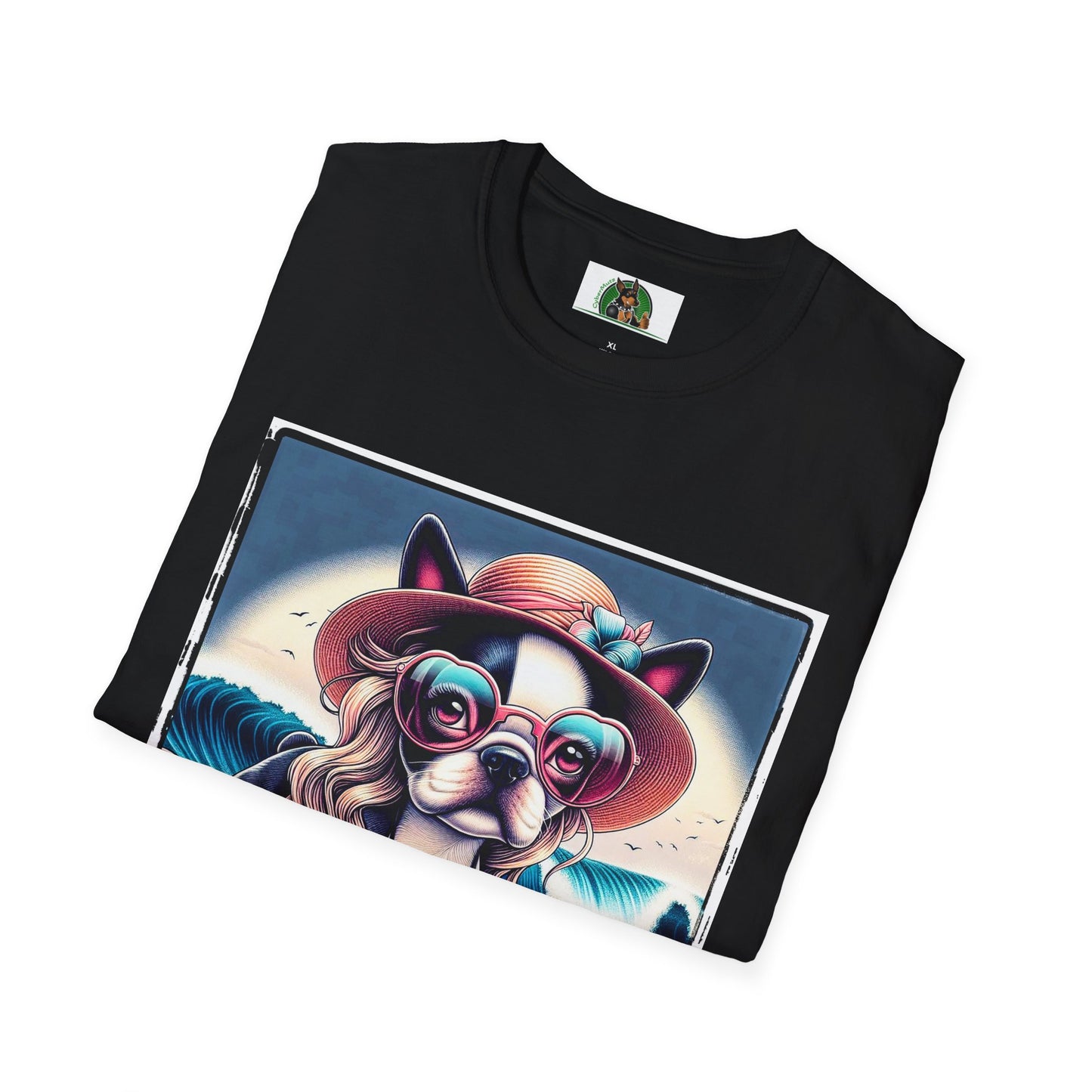 Boston Terrier Blonde Surfer Girl Dog T-Shirt Printify