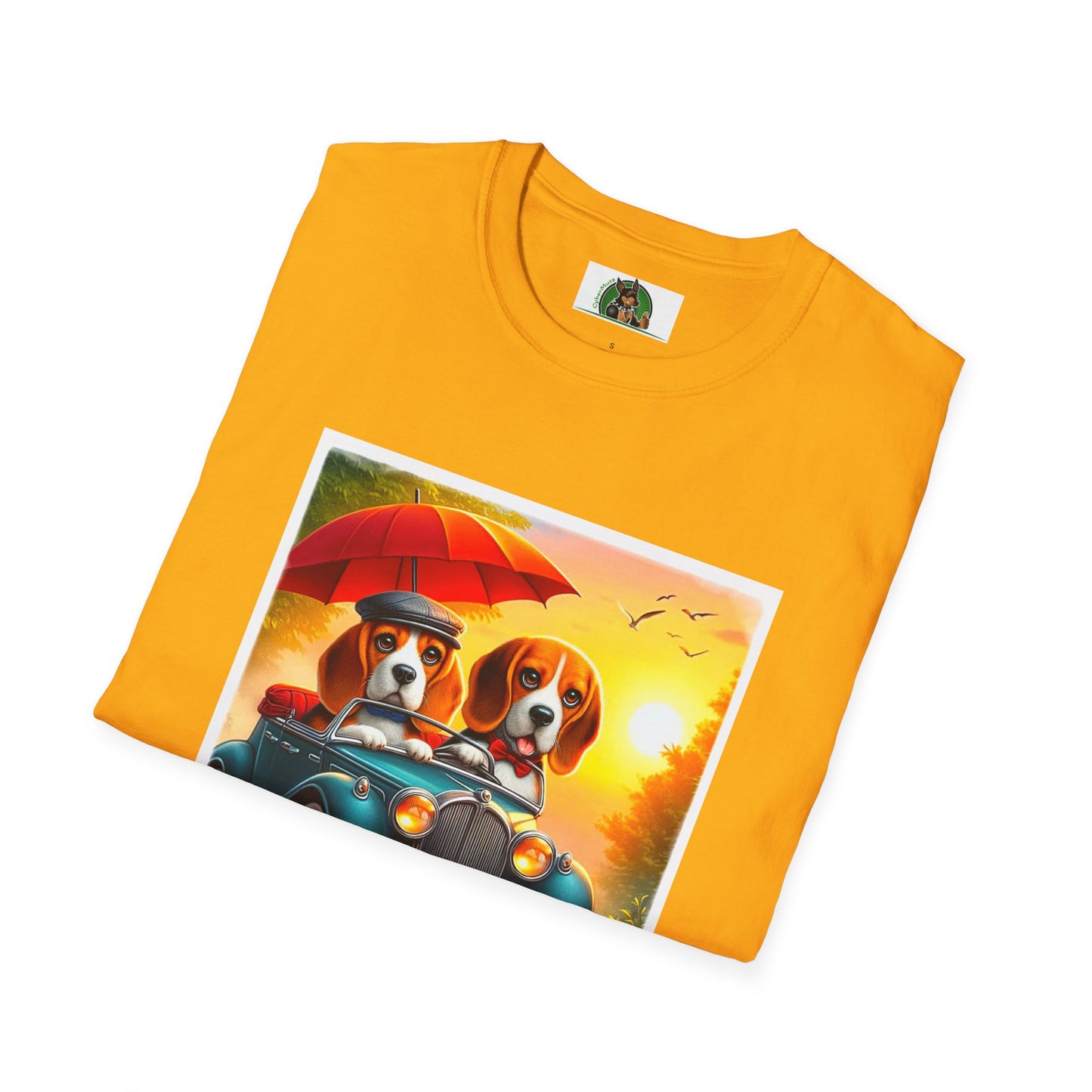 Wacky Beagle Couple In Tiny Car T-Shirt Printify